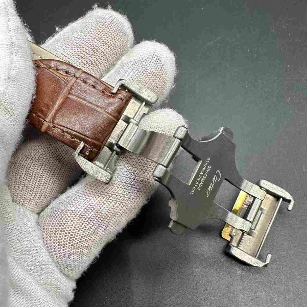 Santos VK Quartz diamonds 2tone gold case 44mm gold dial brown leather strap. 175$