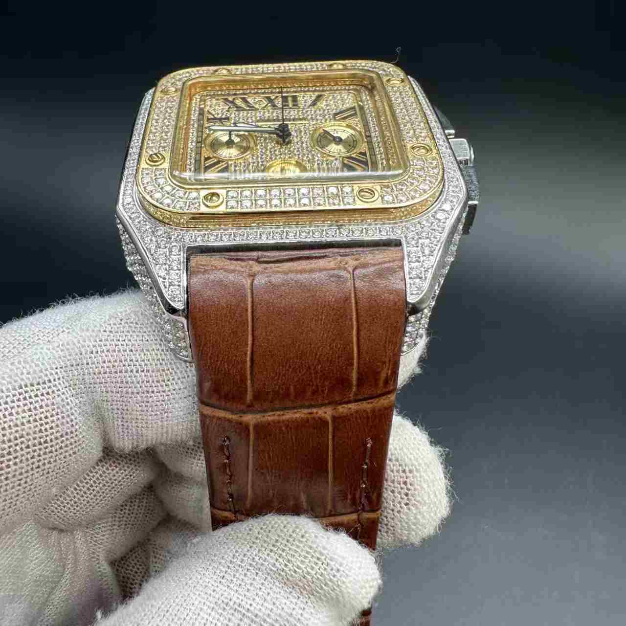Santos VK Quartz diamonds 2tone gold case 44mm gold dial brown leather strap. 175$