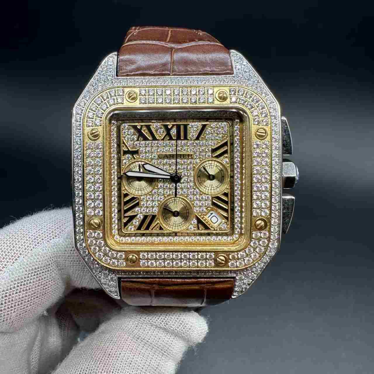 Santos VK Quartz diamonds 2tone gold case 44mm gold dial brown leather strap. 175$