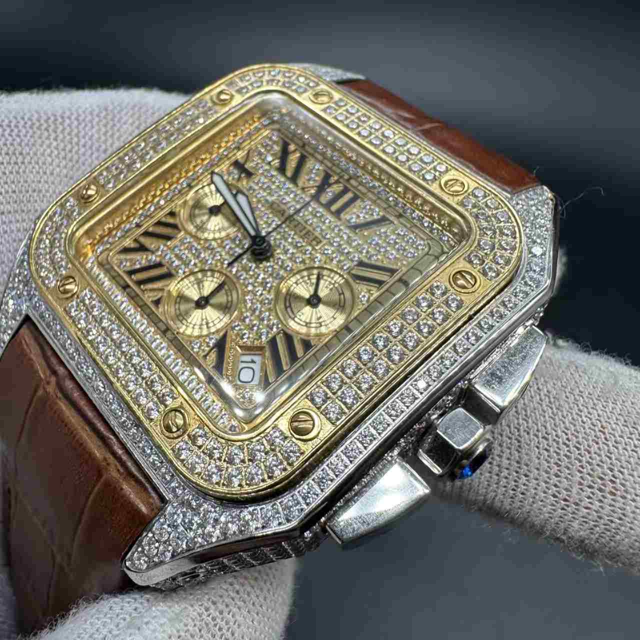 Santos VK Quartz diamonds 2tone gold case 44mm gold dial brown leather strap. 175$