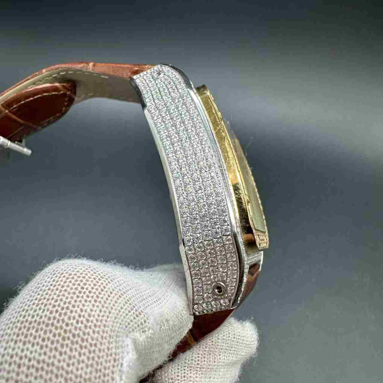 Santos VK Quartz diamonds 2tone gold case 44mm gold dial brown leather strap. 175$