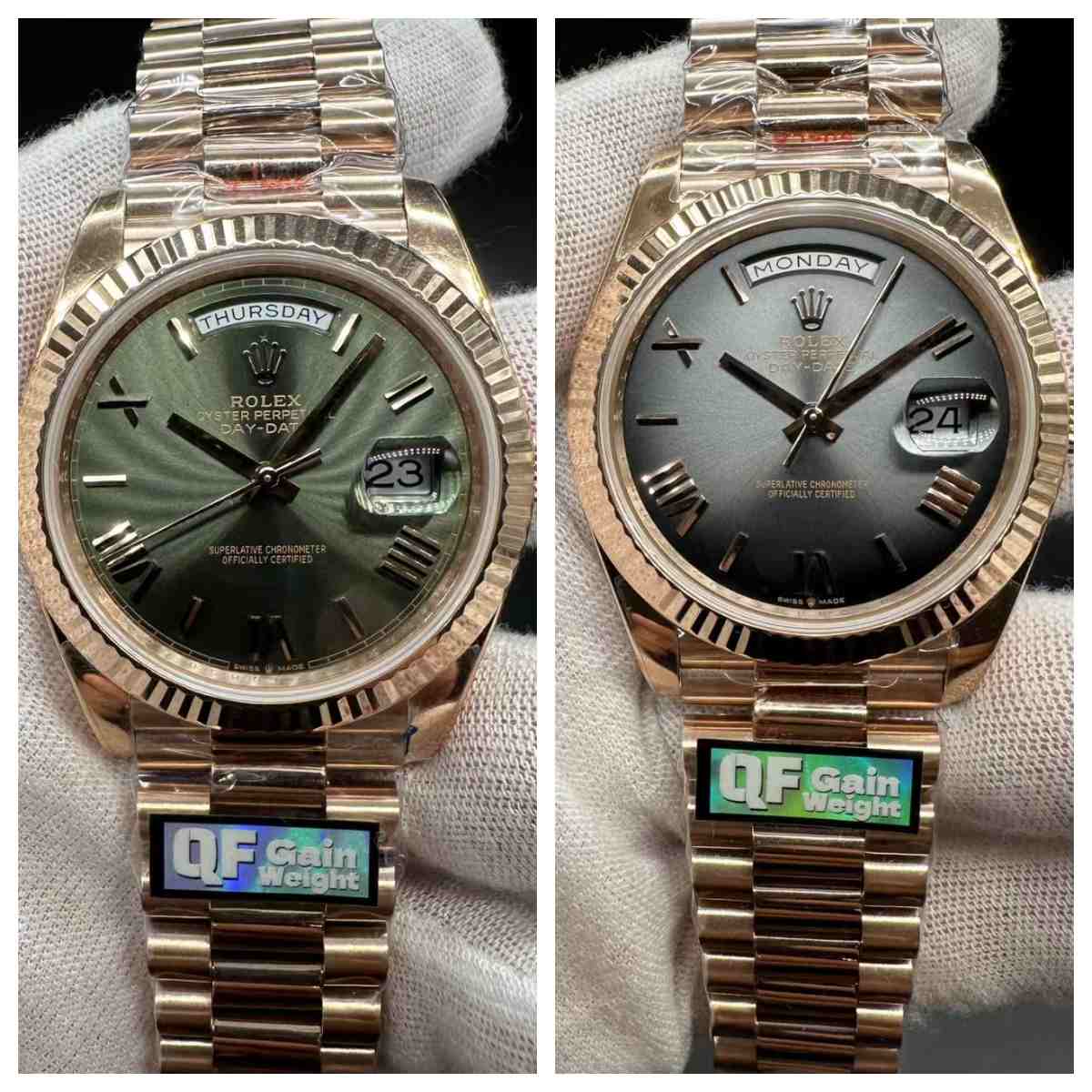 Daydate QF V8 3255 gain weight 190g Rose gold case 40mm Olive green /Ombre smoked dial. 698$