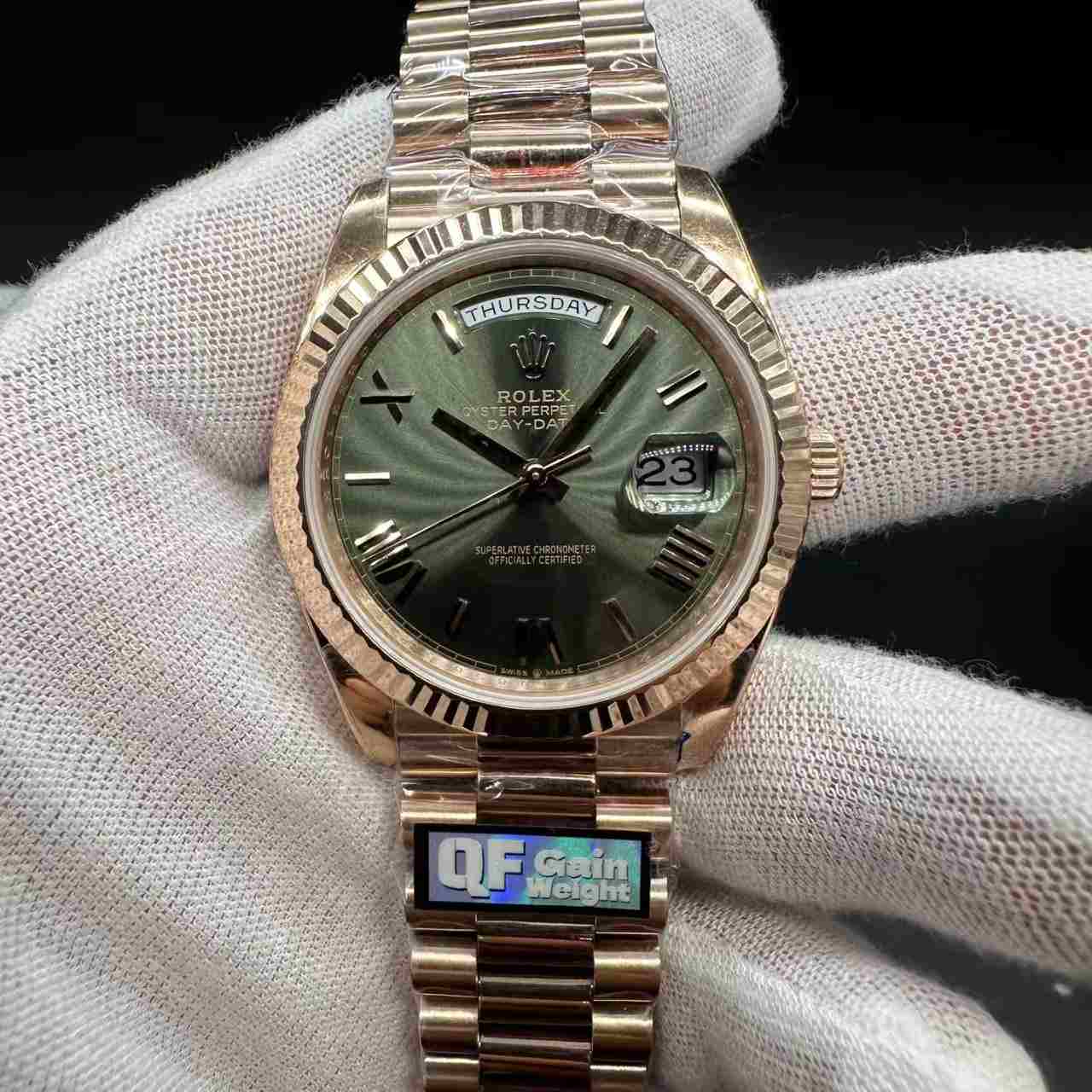 Daydate QF V8 3255 gain weight 190g Rose gold case 40mm Olive green /Ombre smoked dial. 698$