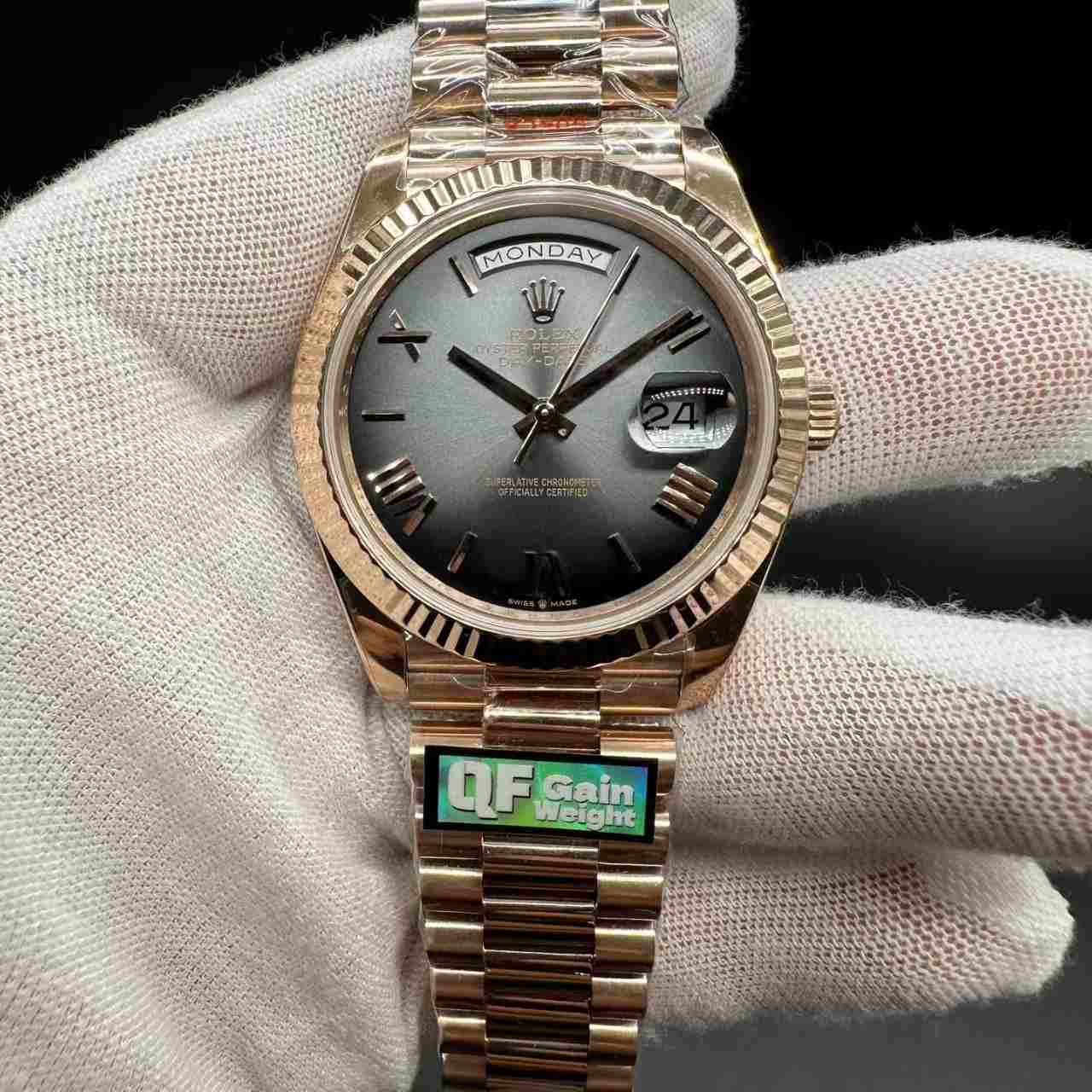 Daydate QF V8 3255 gain weight 190g Rose gold case 40mm Olive green /Ombre smoked dial. 698$