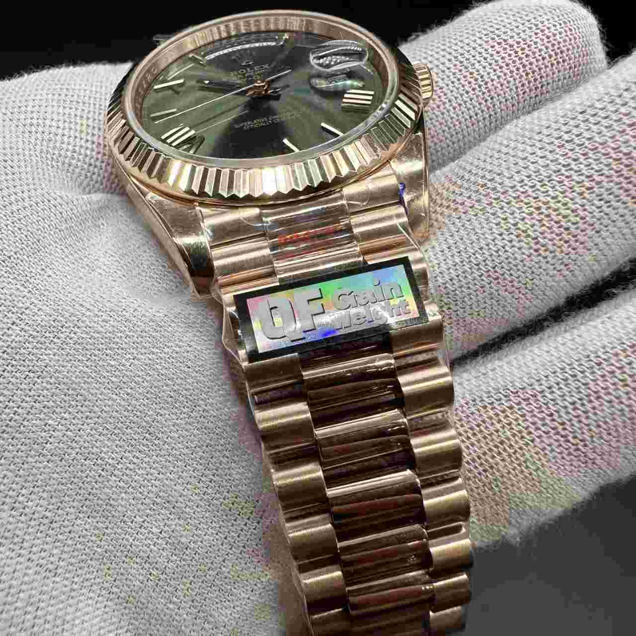 Daydate QF V8 3255 gain weight 190g Rose gold case 40mm Olive green /Ombre smoked dial. 698$