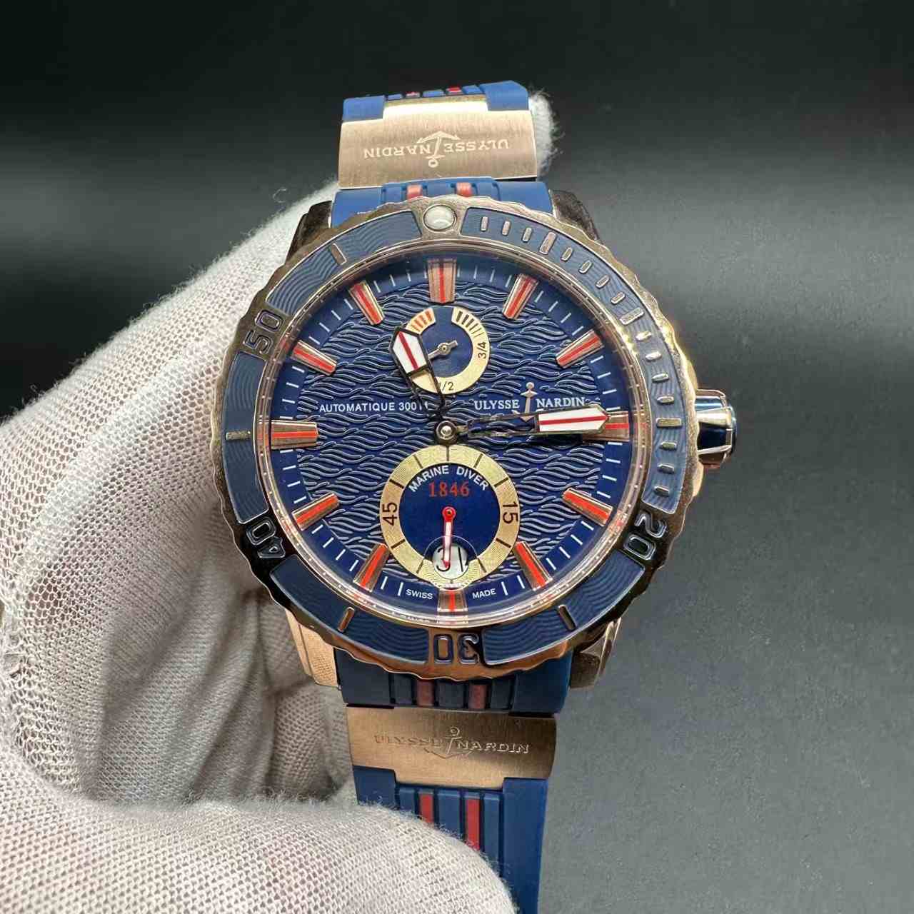 Ulysse Nardin AAA automatic rose gold case 45mm blue dial blue rubber strap. 115$