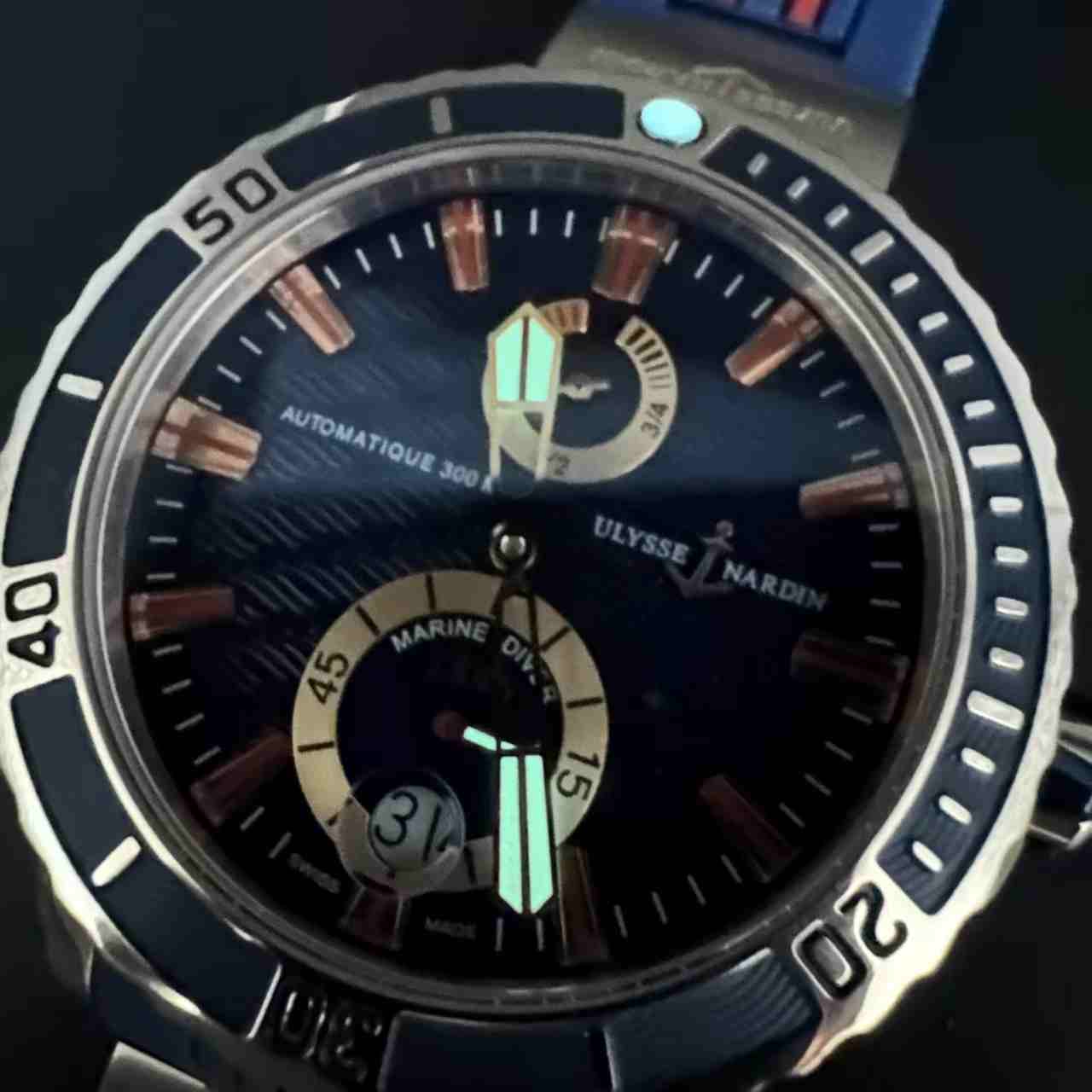 Ulysse Nardin AAA automatic rose gold case 45mm blue dial blue rubber strap. 115$