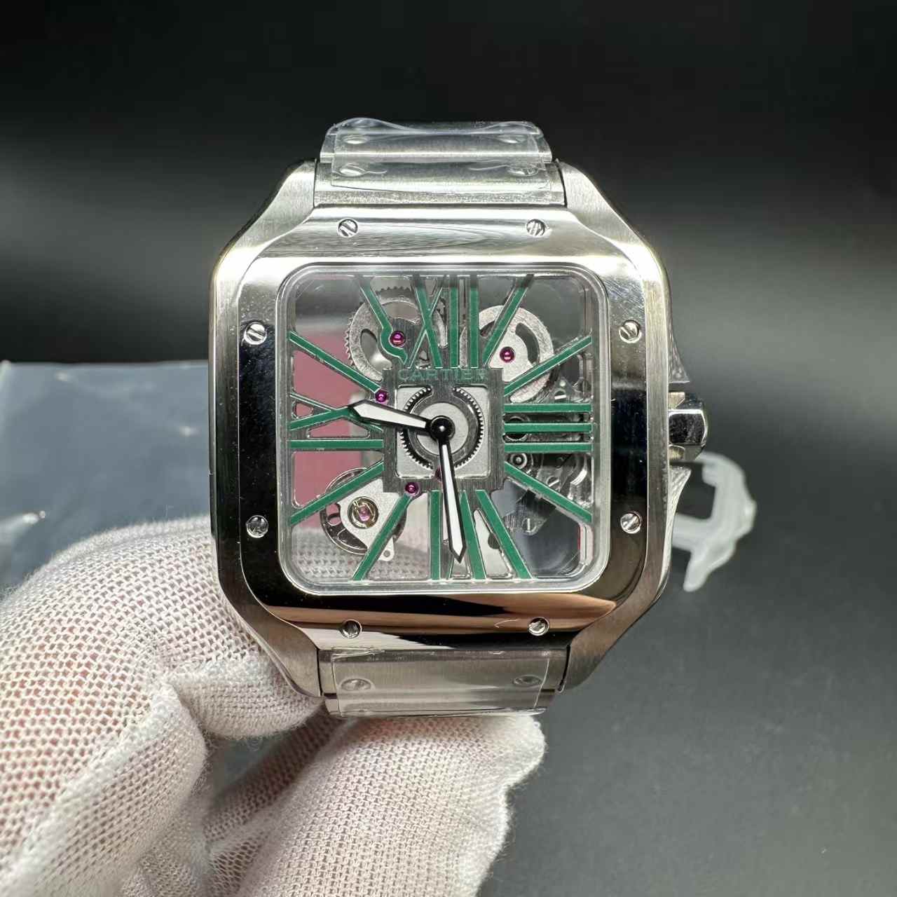 Santos skeleton green dial THB Swiss quartz movement  350$
