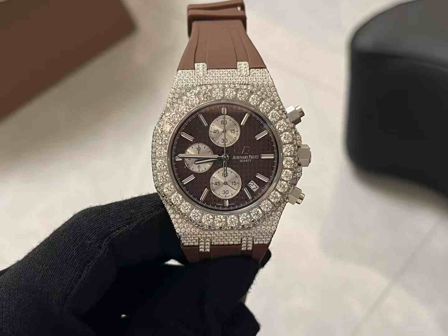 AP AAA quartz movement CZ diamonds silver case 42mm with rubber strap ...