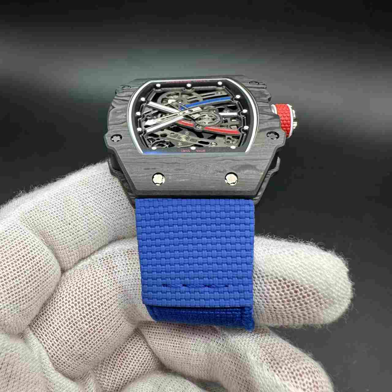 RM67-02 super clone automatic thin case 38*47*9mm Black carbon skeleton dial blue fabric strap 39g 2500$