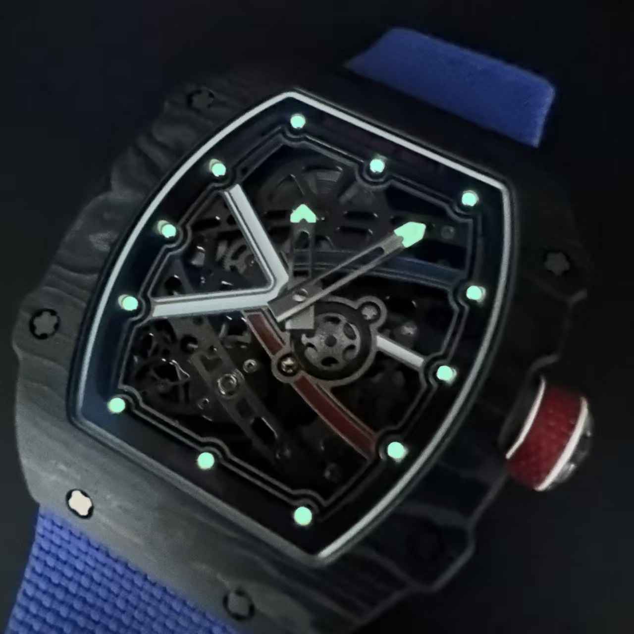 RM67-02 super clone automatic thin case 38*47*9mm Black carbon skeleton dial blue fabric strap 39g 2500$