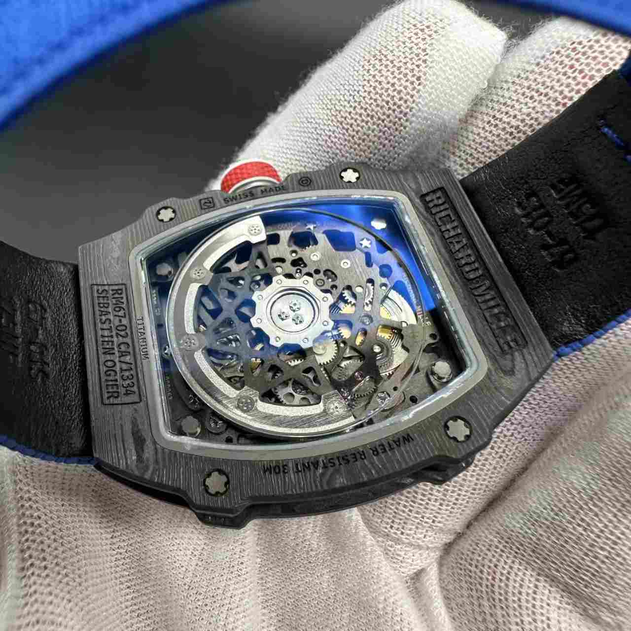 RM67-02 super clone automatic thin case 38*47*9mm Black carbon skeleton dial blue fabric strap 39g 2500$