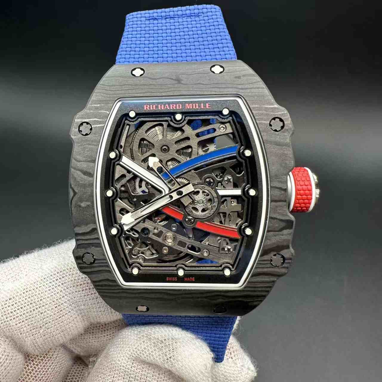 RM67-02 super clone automatic thin case 38*47*9mm Black carbon skeleton dial blue fabric strap 39g 2500$