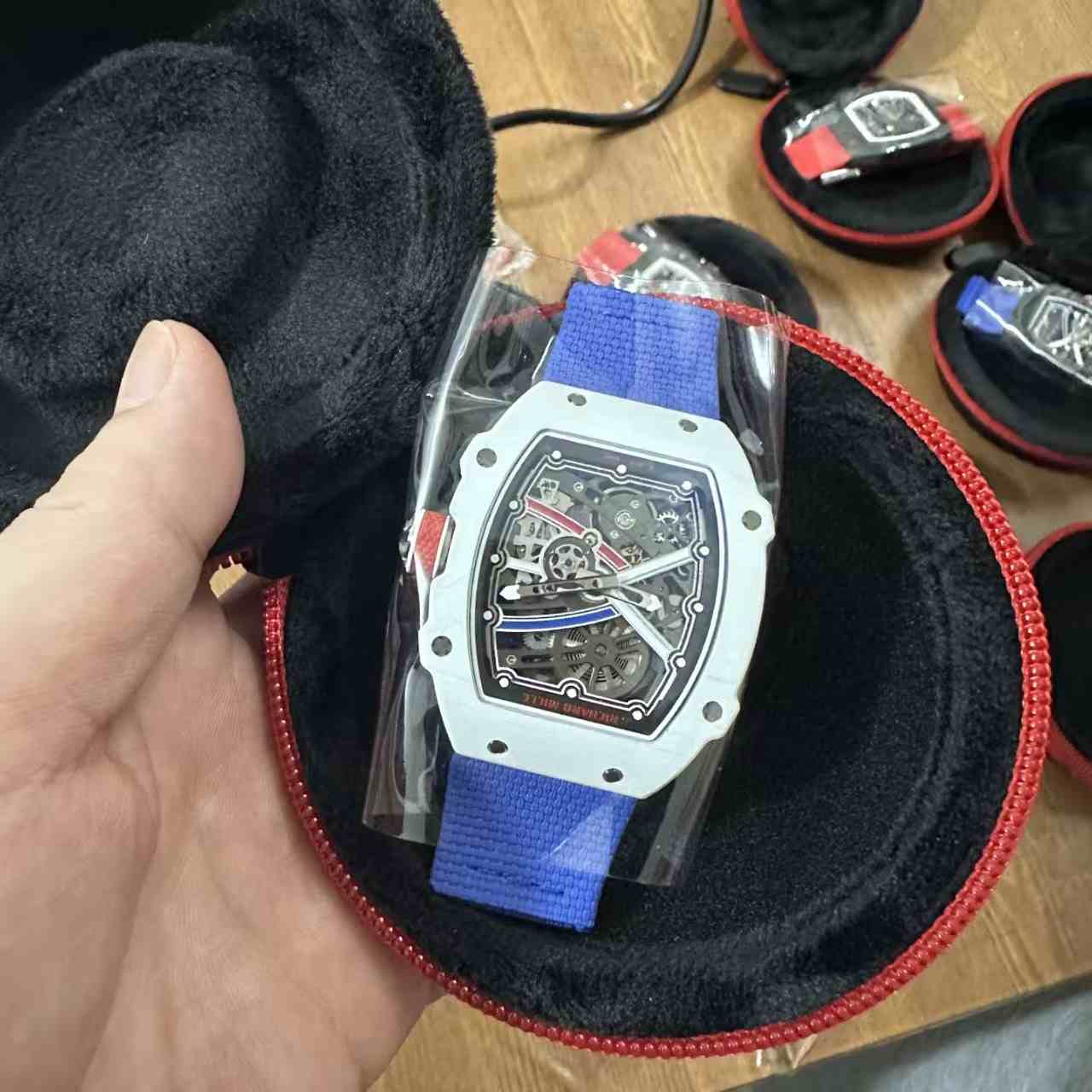 RM67-02 super clone automatic thin case 38*47*9mm white carbon skeleton dial blue fabric strap 40g 2500$