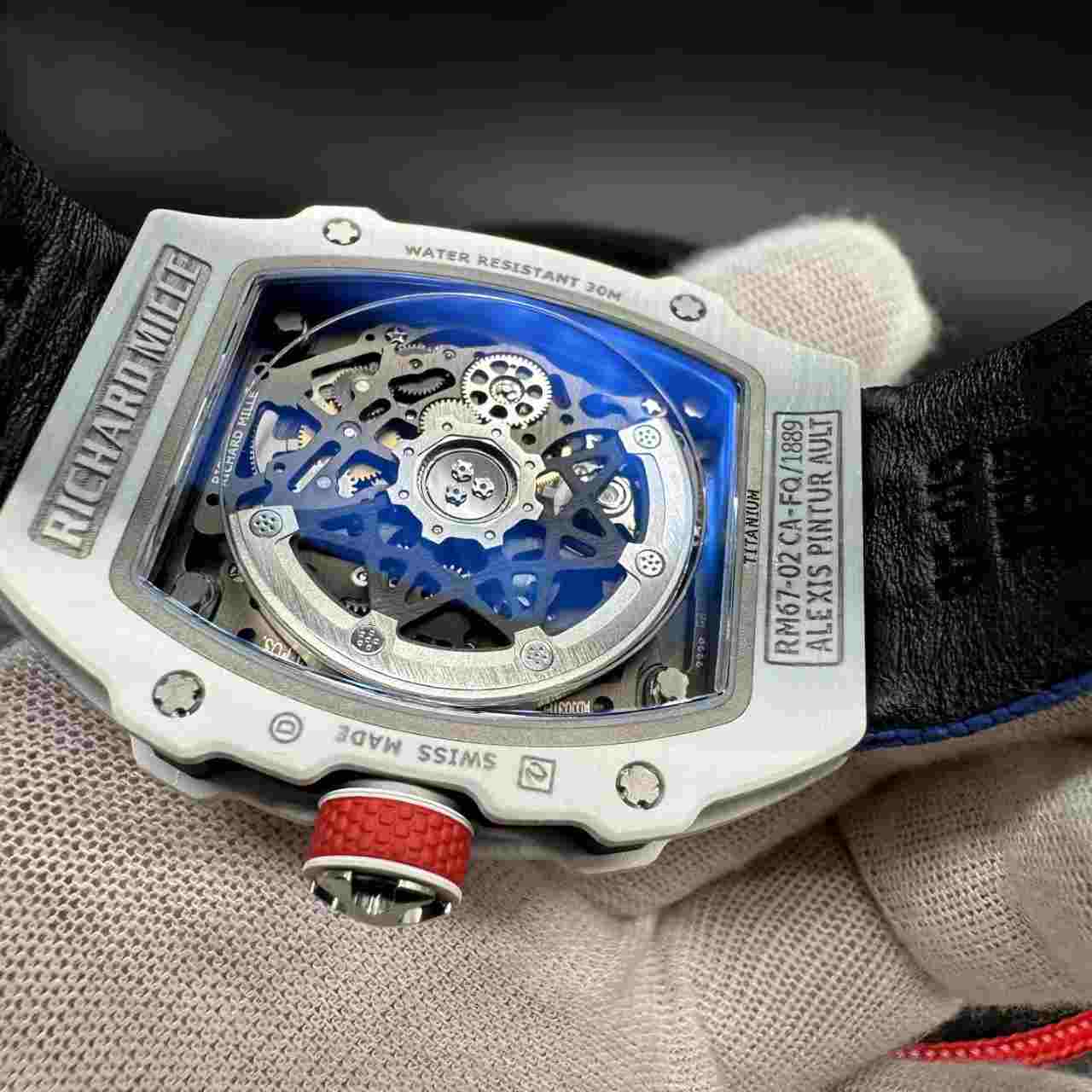 RM67-02 super clone automatic thin case 38*47*9mm white carbon skeleton dial blue fabric strap 40g 2500$