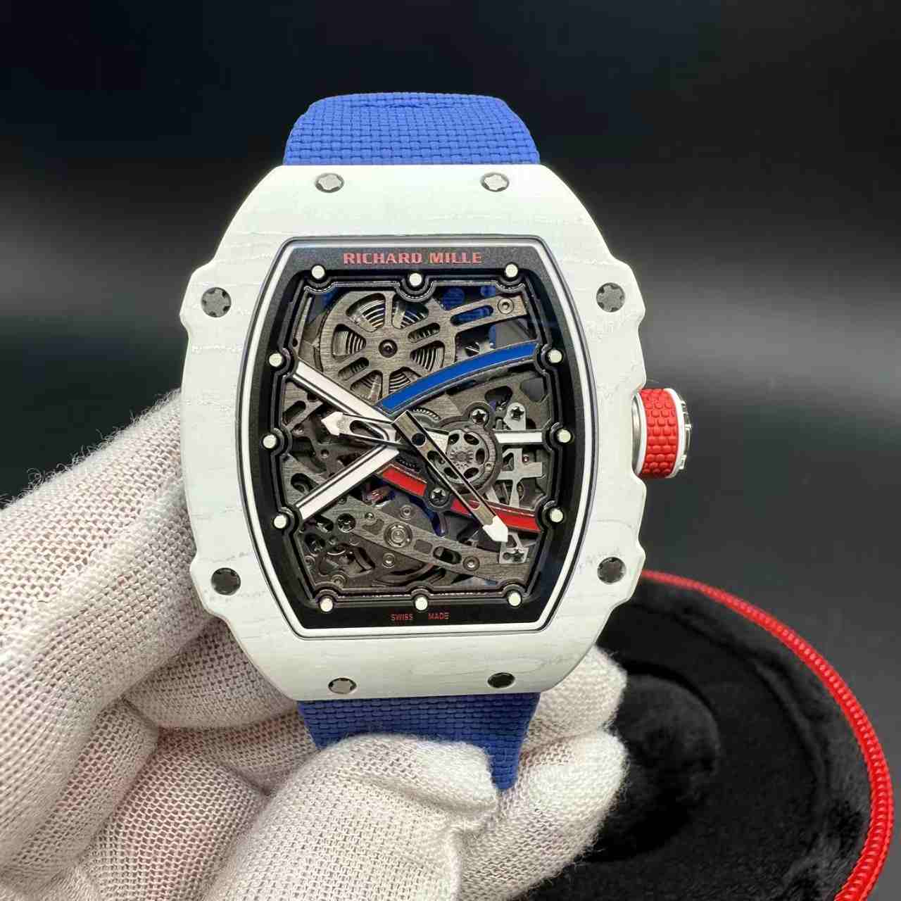 RM67-02 super clone automatic thin case 38*47*9mm white carbon skeleton dial blue fabric strap 40g 2500$
