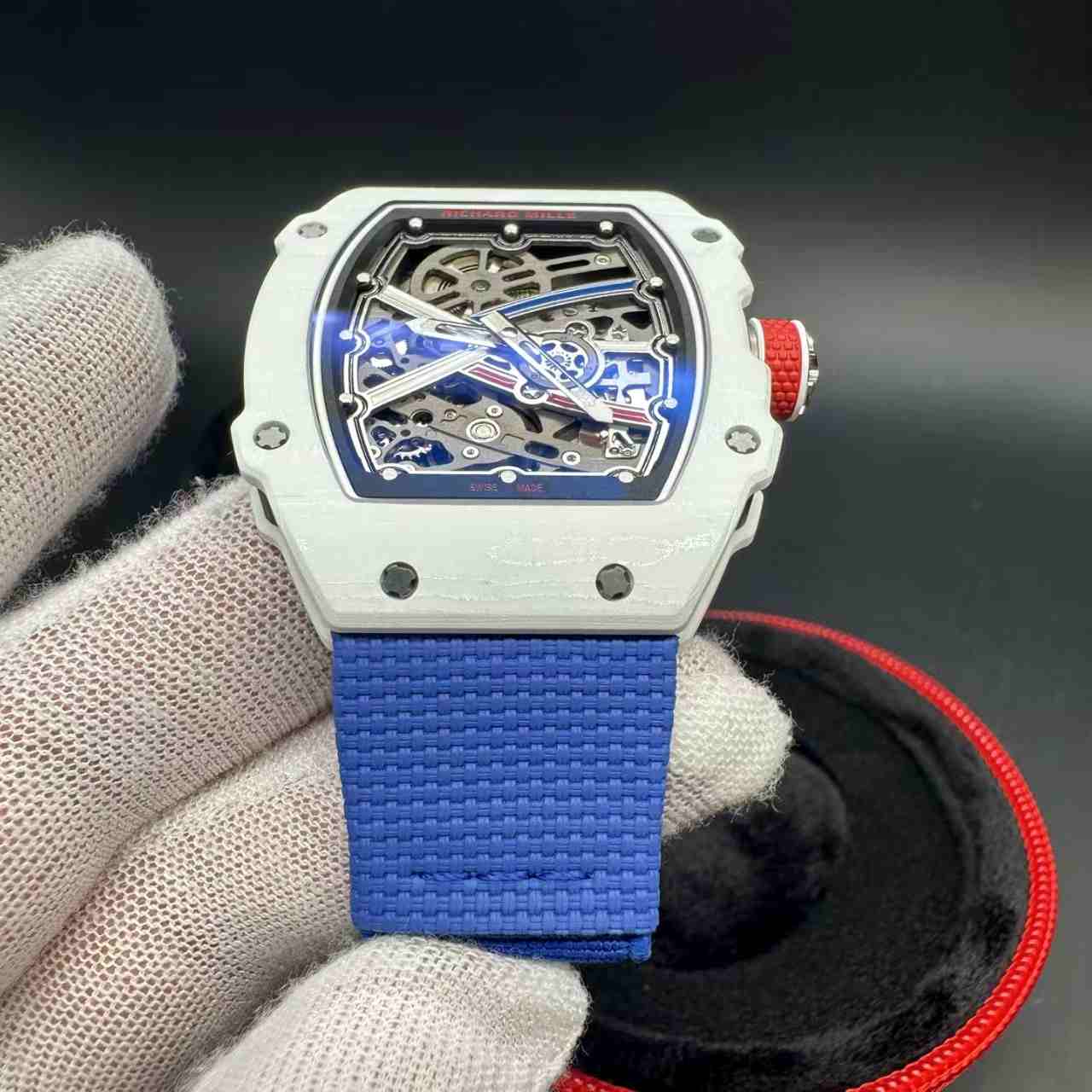 RM67-02 super clone automatic thin case 38*47*9mm white carbon skeleton dial blue fabric strap 40g 2500$