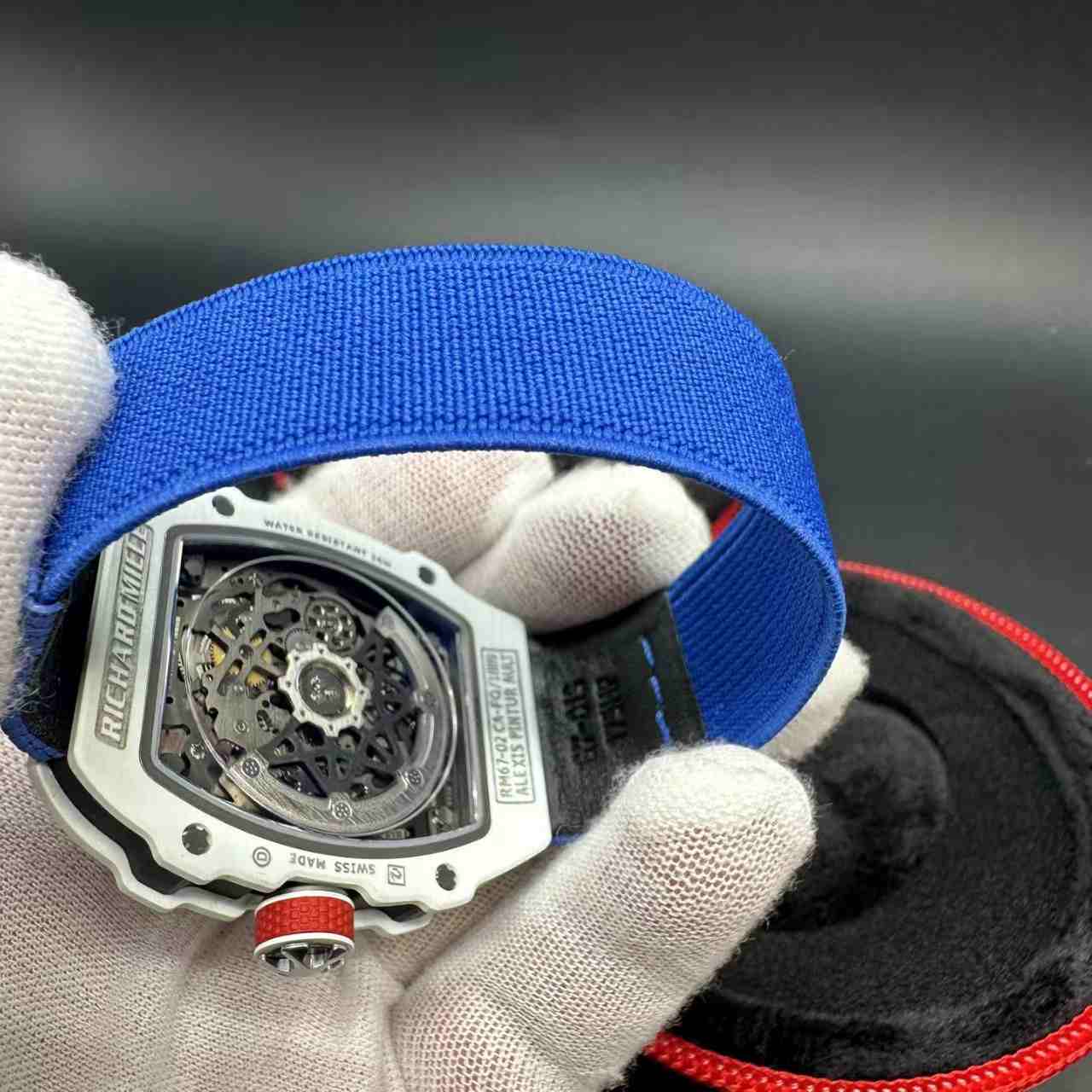 RM67-02 super clone automatic thin case 38*47*9mm white carbon skeleton dial blue fabric strap 40g 2500$