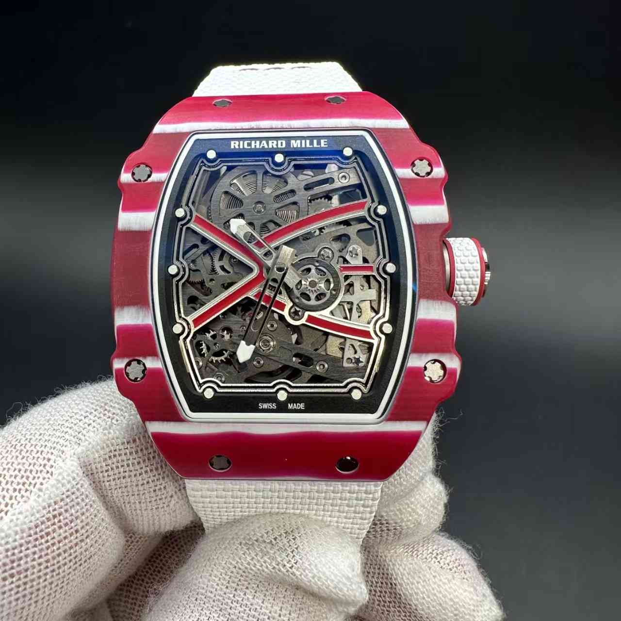RM67-02 super clone automatic thin case 38*47*9mm Red carbon skeleton dial white fabric strap 38g 2500$