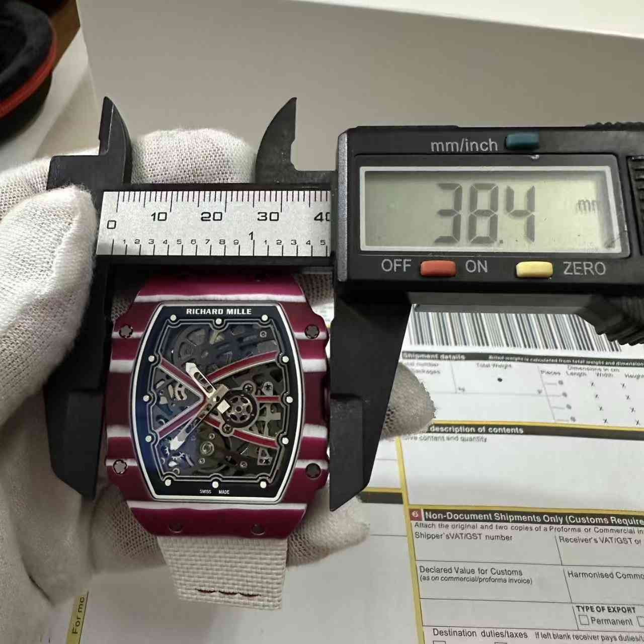 RM67-02 super clone automatic thin case 38*47*9mm Red carbon skeleton dial white fabric strap 38g 2500$