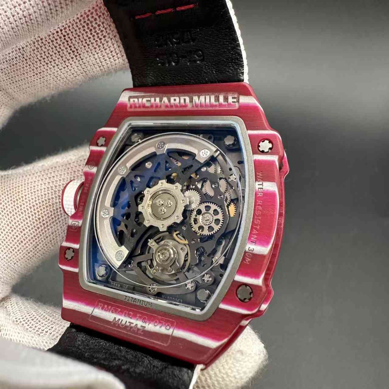 RM67-02 super clone automatic thin case 38*47*9mm Red carbon skeleton dial white fabric strap 38g 2500$