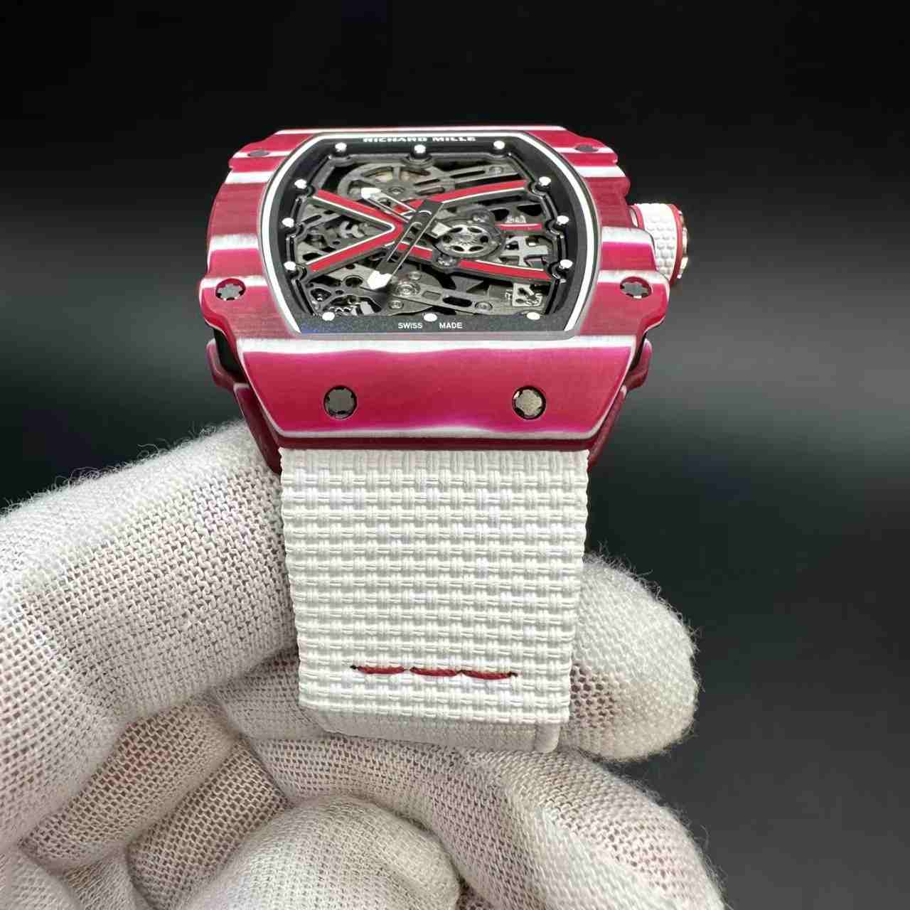 RM67-02 super clone automatic thin case 38*47*9mm Red carbon skeleton dial white fabric strap 38g 2500$