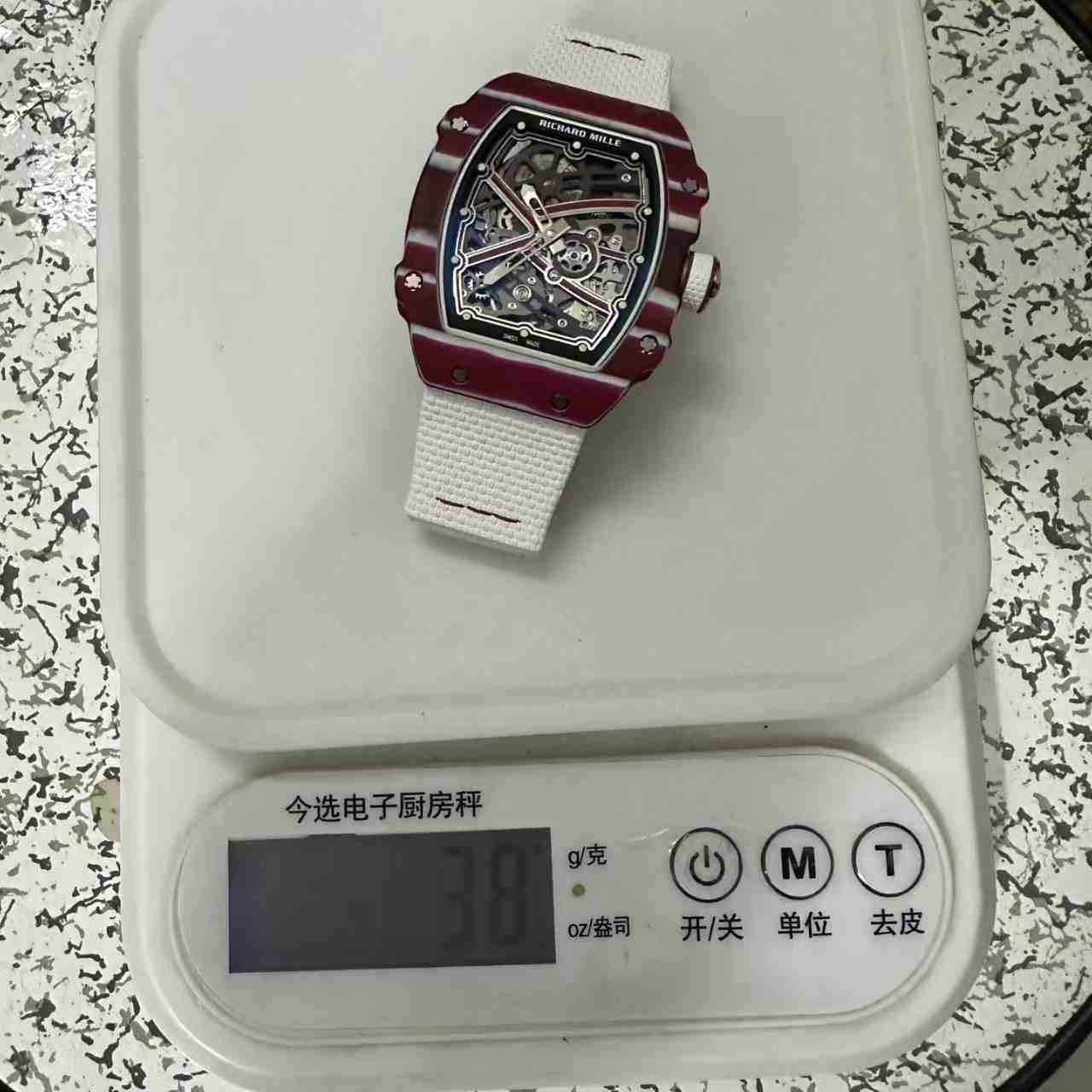 RM67-02 super clone automatic thin case 38*47*9mm Red carbon skeleton dial white fabric strap 38g 2500$