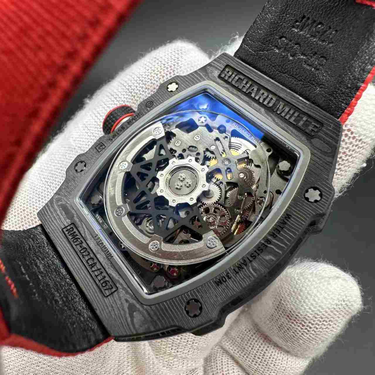 RM67-02 super clone automatic thin case 38*47*9mm Black carbon skeleton dial red fabric strap 39g 2500$