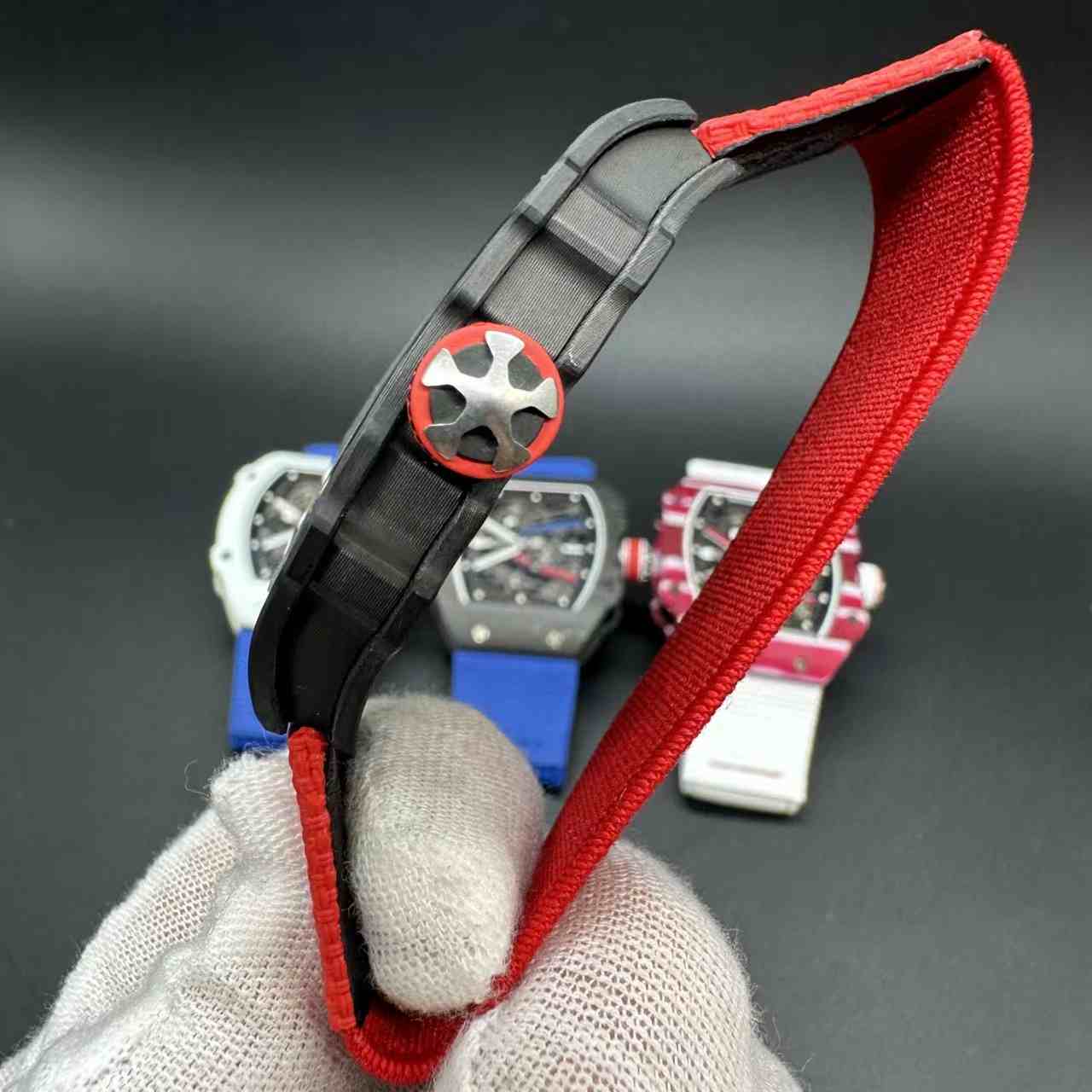RM67-02 super clone automatic thin case 38*47*9mm Black carbon skeleton dial red fabric strap 39g 2500$