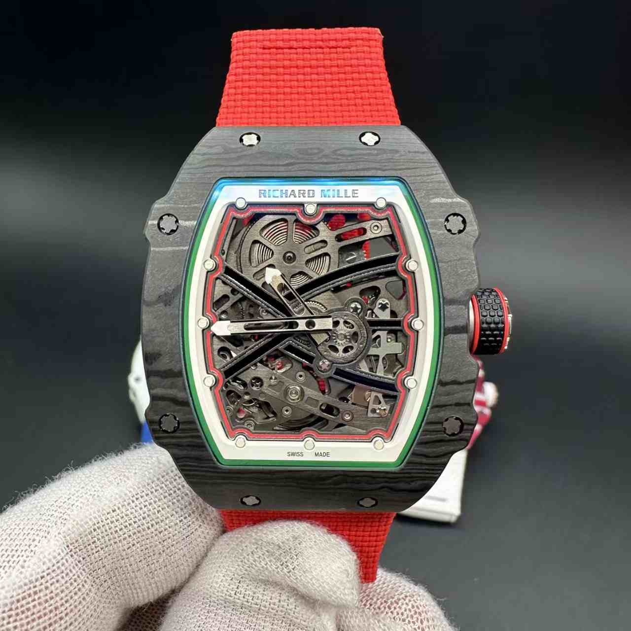 RM67-02 super clone automatic thin case 38*47*9mm Black carbon skeleton dial red fabric strap 39g 2500$