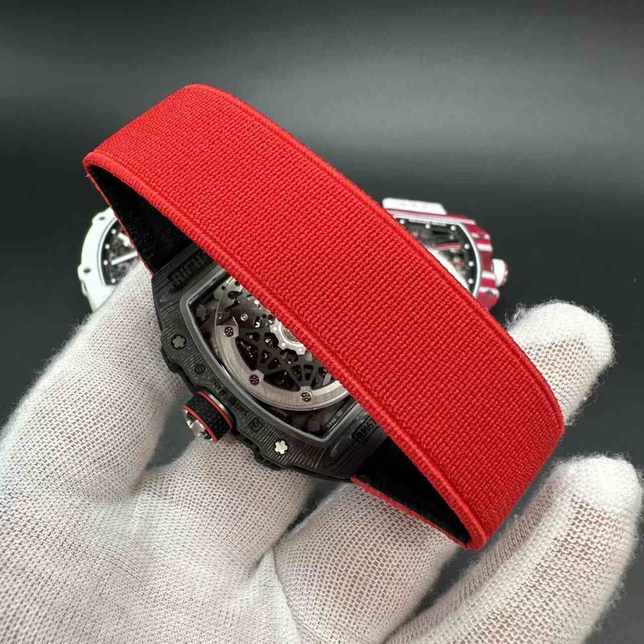 RM67-02 super clone automatic thin case 38*47*9mm Black carbon skeleton dial red fabric strap 39g 2500$