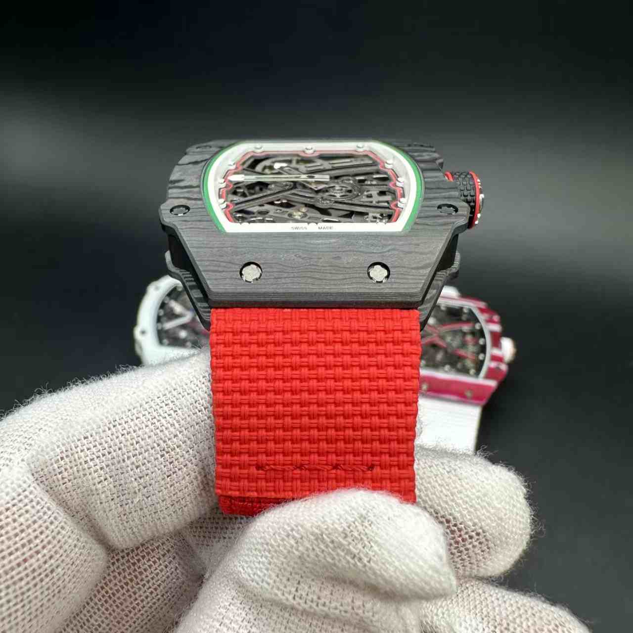 RM67-02 super clone automatic thin case 38*47*9mm Black carbon skeleton dial red fabric strap 39g 2500$