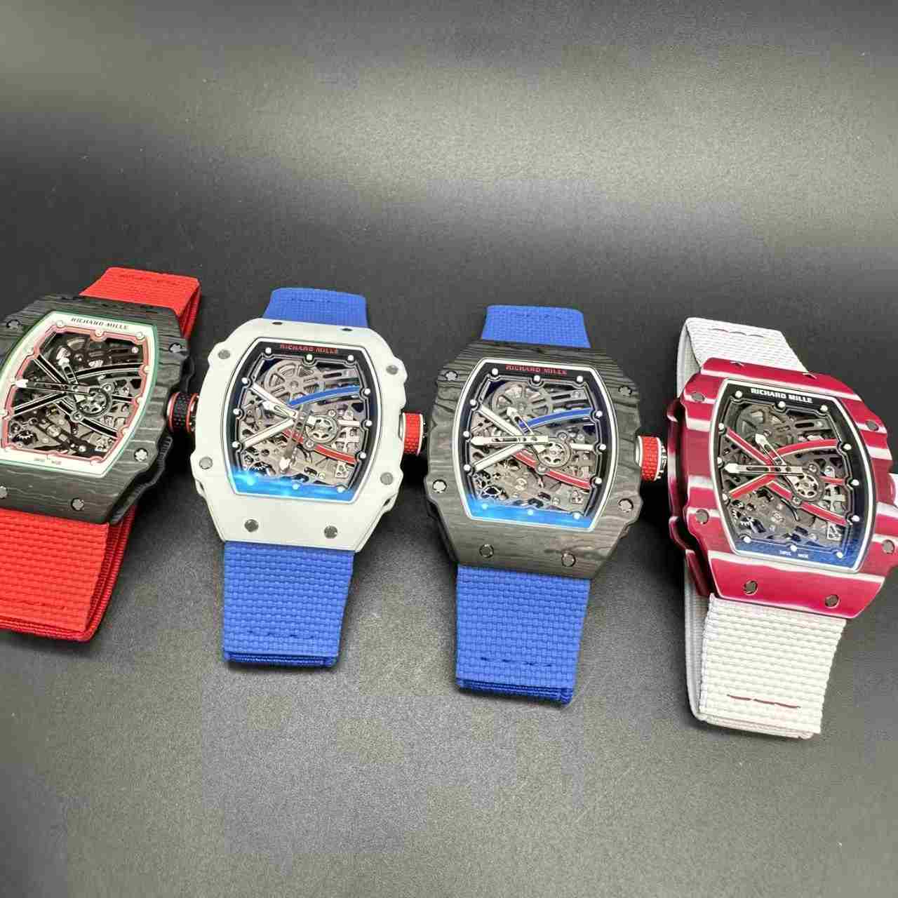 RM67-02 super clone automatic thin case 38*47*9mm Red carbon skeleton dial white fabric strap 38g 2500$