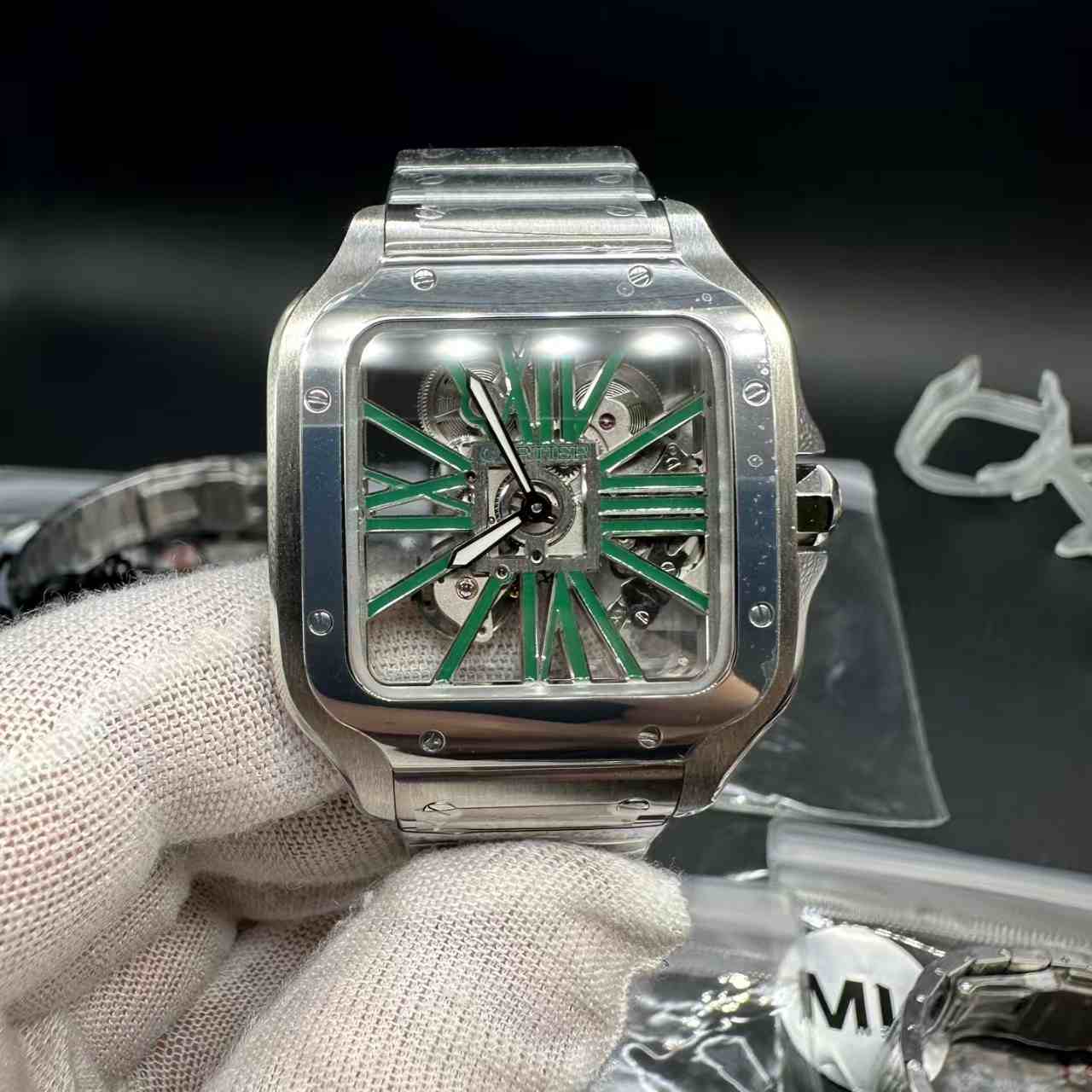 Santos super clone ML mechanical movement skeleton green /silver dial. 698$