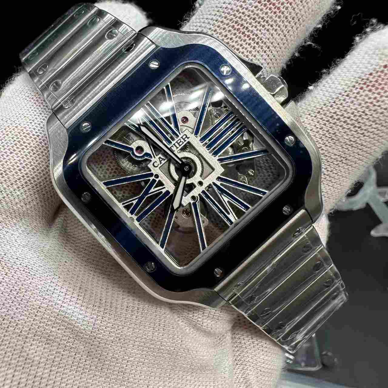 Santos super clone ML mechanical movement skeleton blue/black dial. 698$