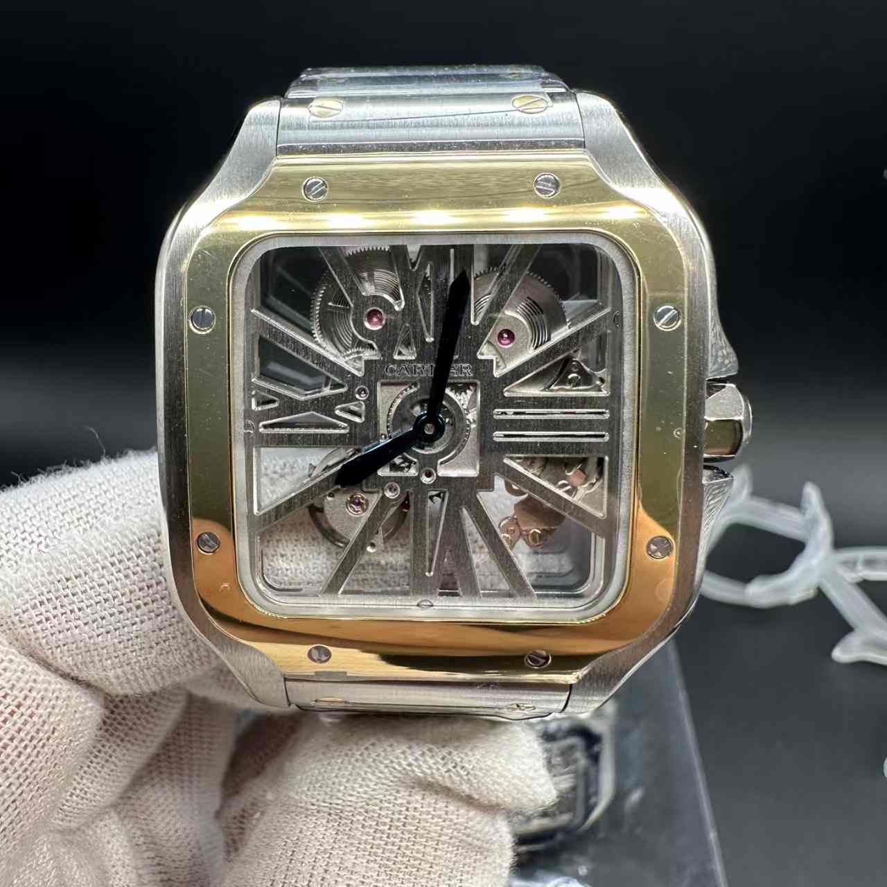 Santos super clone ML mechanical movement 2tone gold case skeleton dial. 698$