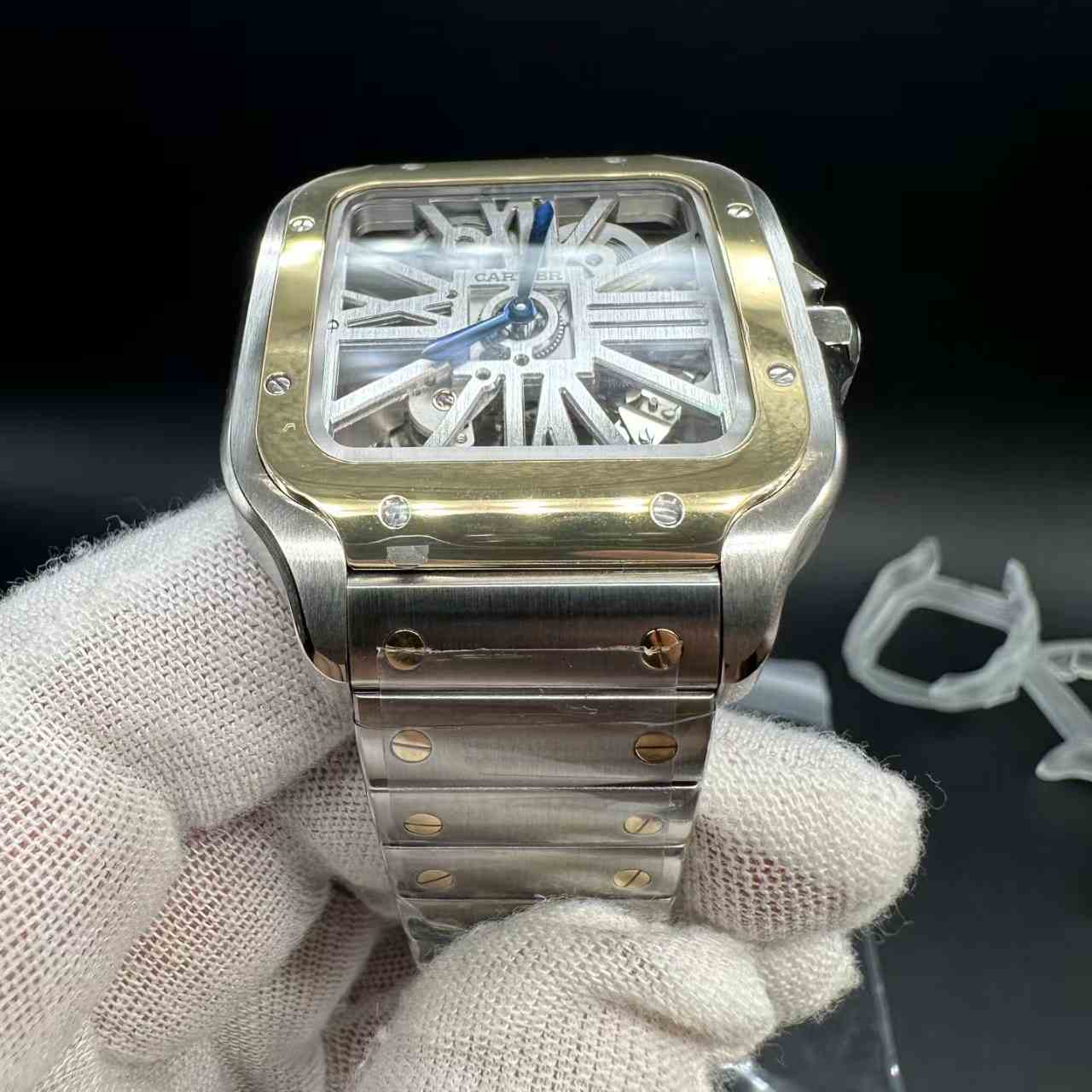Santos super clone ML mechanical movement 2tone gold case skeleton dial. 698$