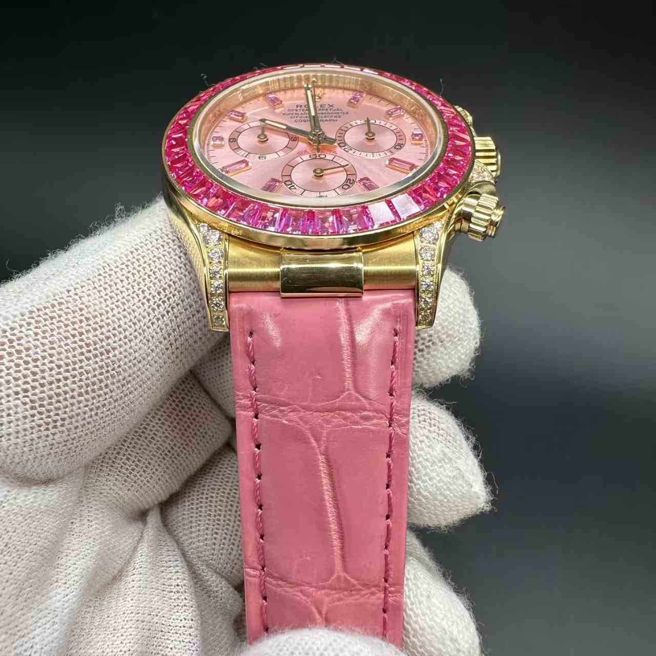 Daytona 4130 customized super clone Gold case baguette red diamonds bezel pink dial pink leather strap.  1000$