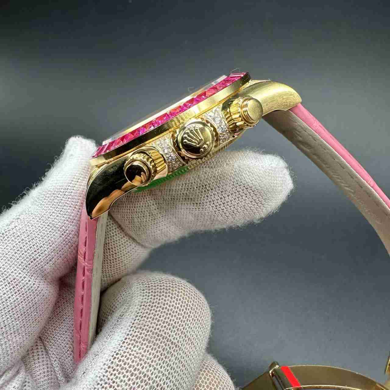Daytona 4130 customized super clone Gold case baguette red diamonds bezel pink dial pink leather strap.  1000$