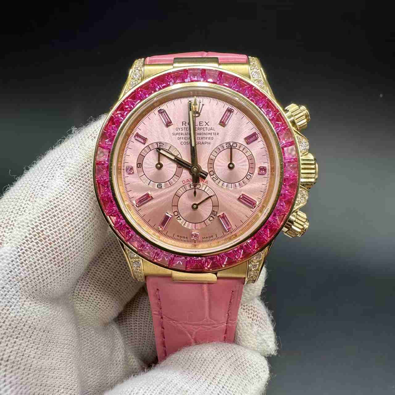Daytona 4130 customized super clone Gold case baguette red diamonds bezel pink dial pink leather strap.  1000$