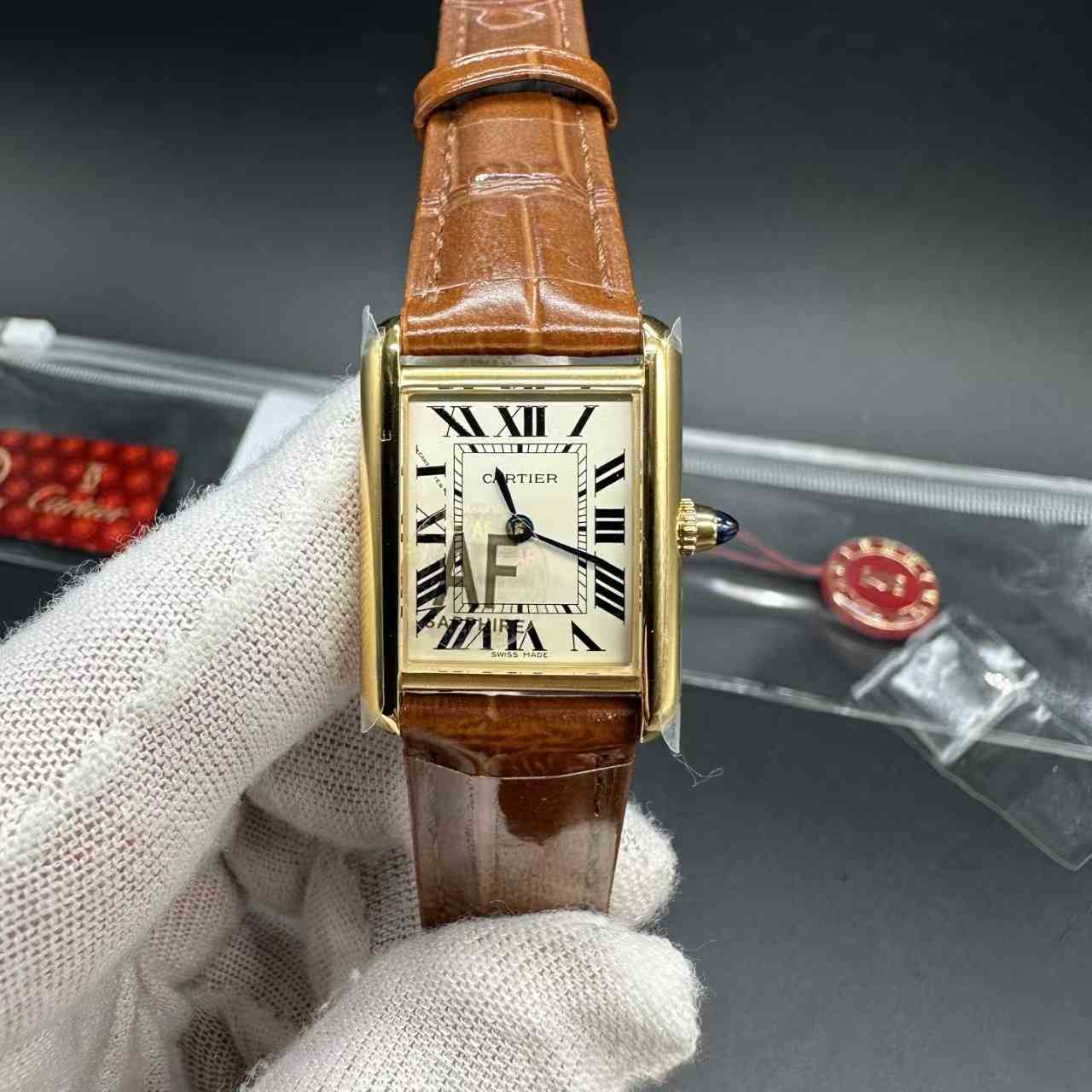Cartier Tank super clone AF Swiss Quartz gold case 22mm brown leather strap women watch. 200$