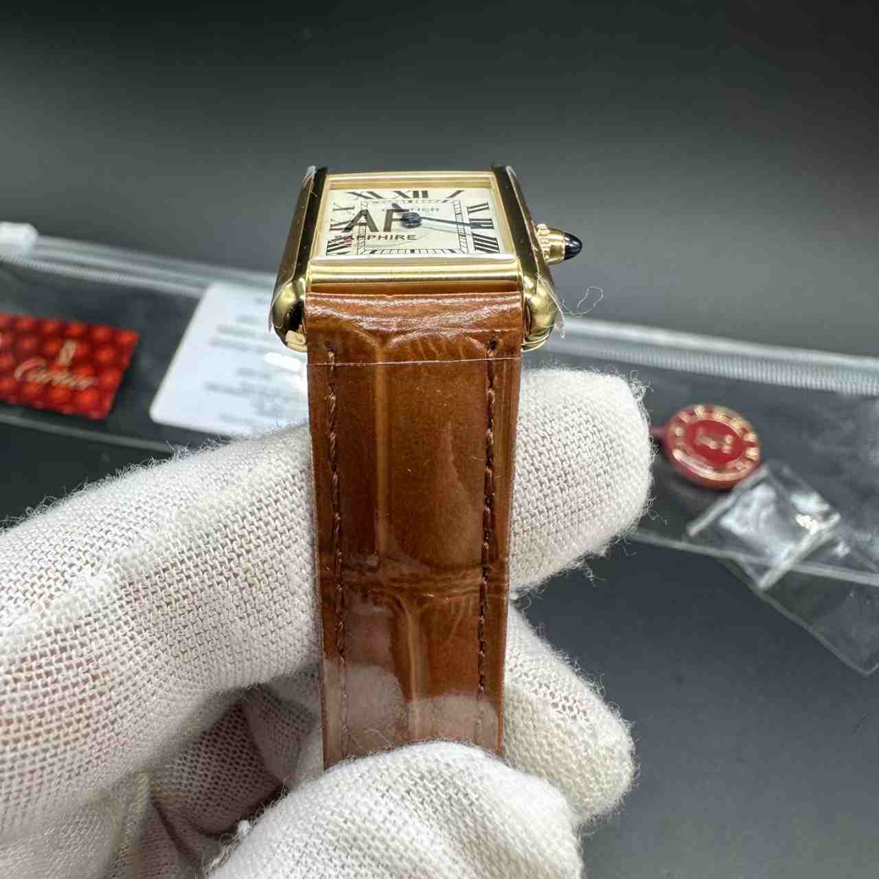Cartier Tank super clone AF Swiss Quartz gold case 22mm brown leather strap women watch. 200$