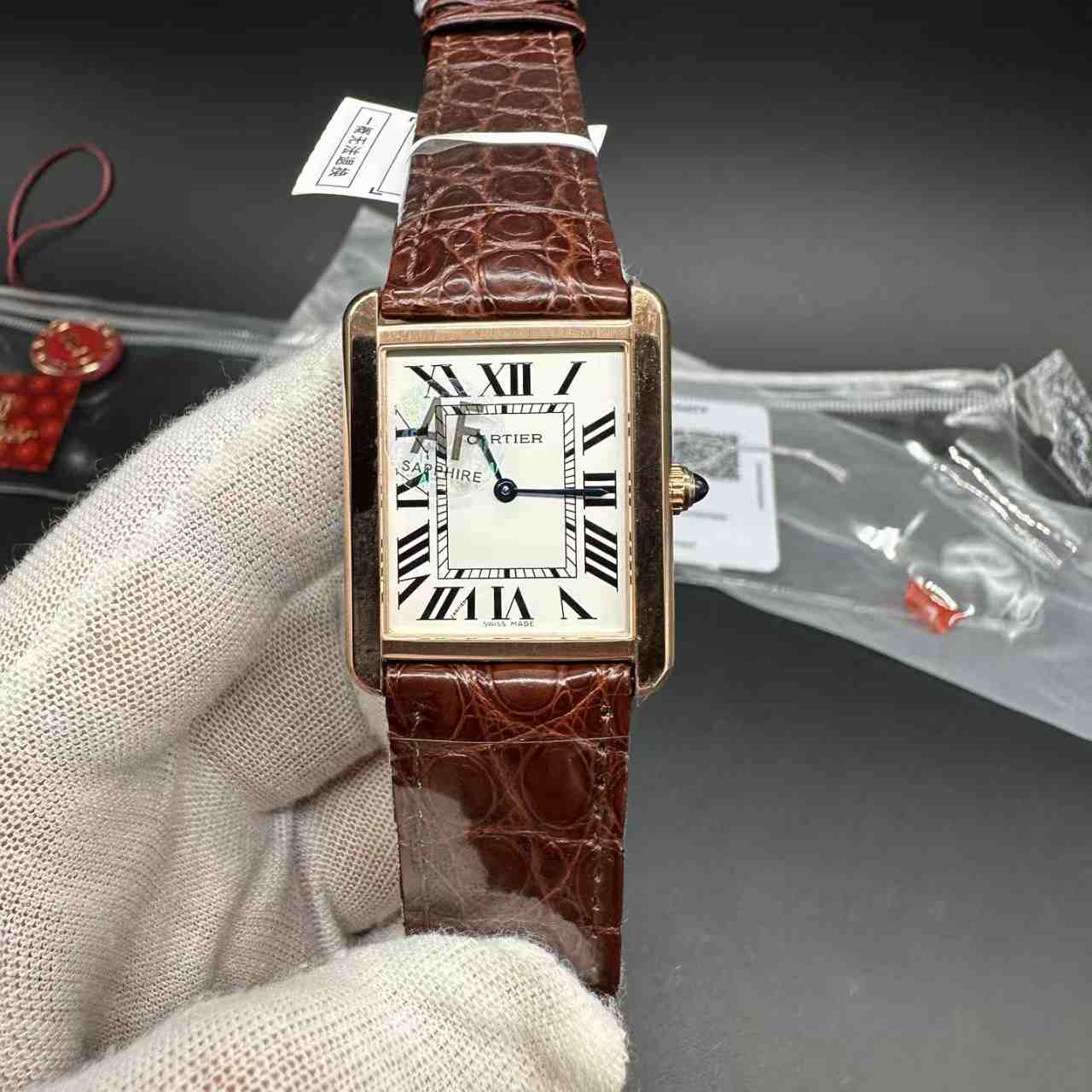 Cartier Tank AF Swiss Quartz super clone rose gold case 27mm white dial brown leather strap. 200$