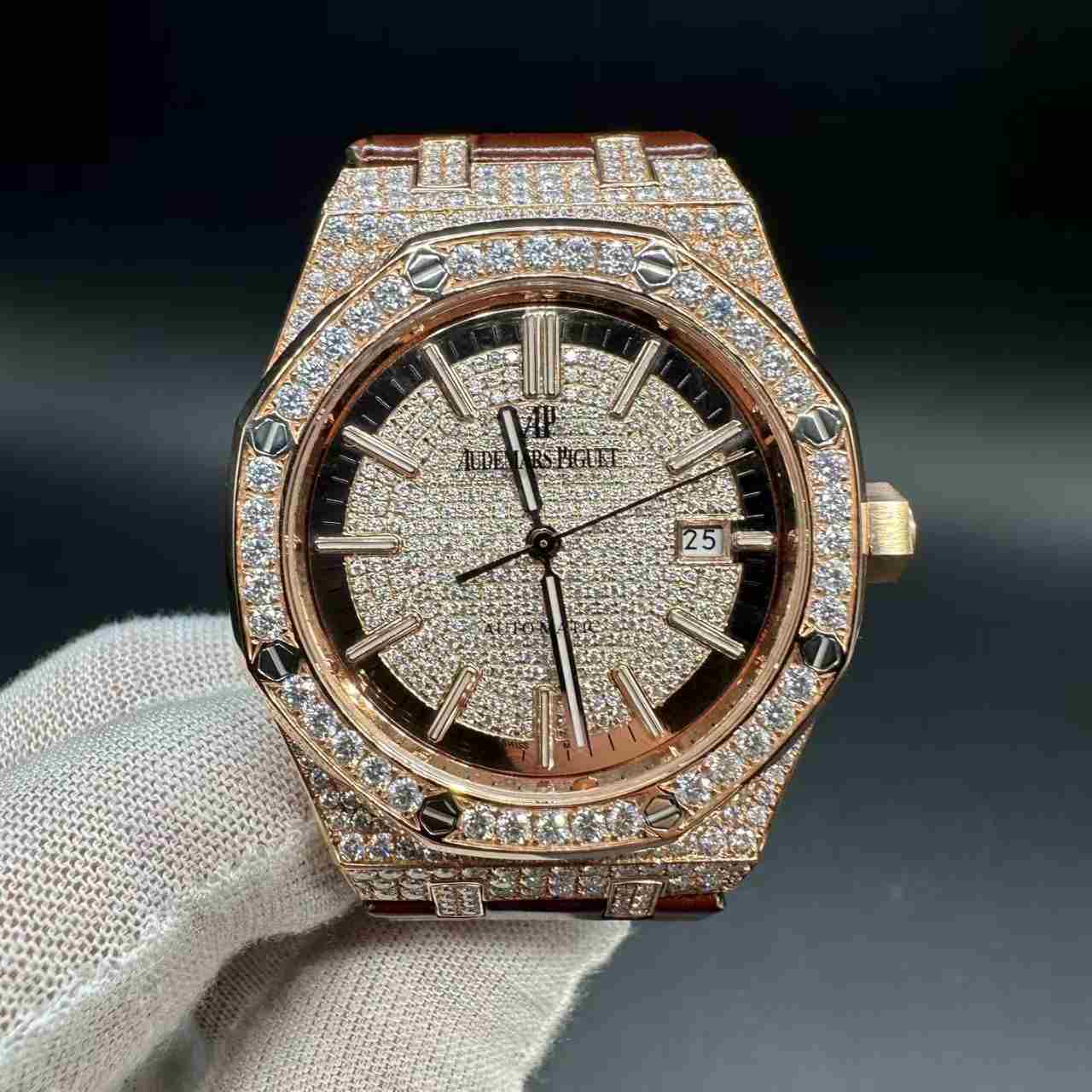 AP super clone 3120 automatic Moissanite diamonds rose gold 41mm brown leather strap. 1500$