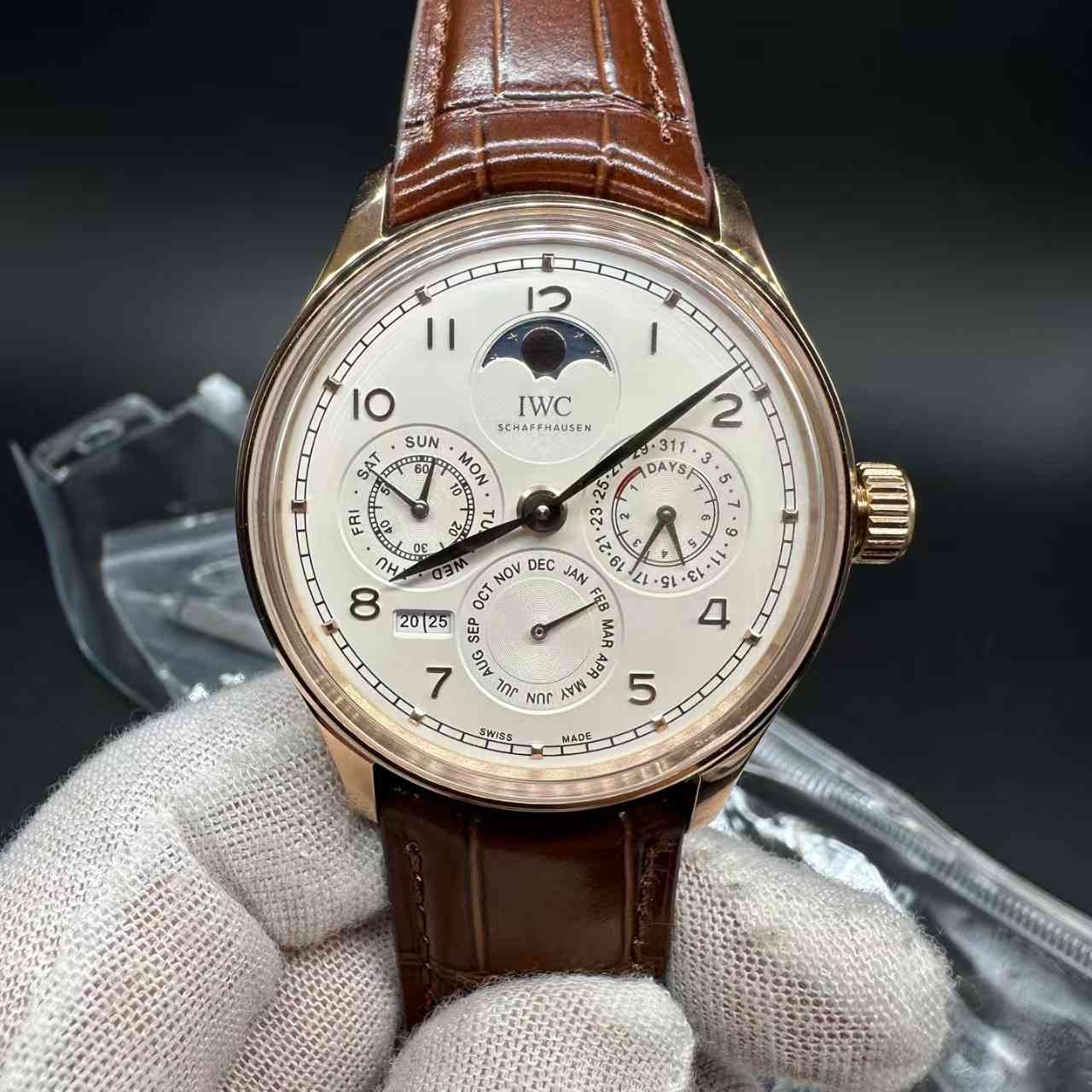 IWC Portugieser Perpetul Calendar Rose gold case 41mm white dial all works super clone automatic brown leather strap.