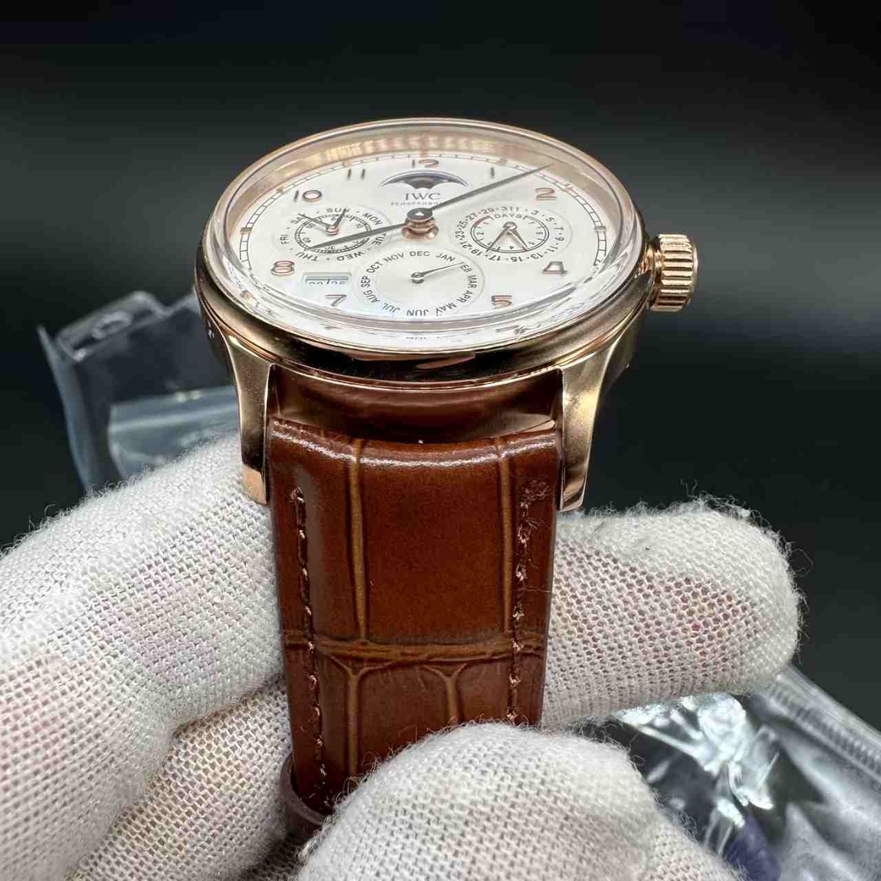 IWC Portugieser Perpetul Calendar Rose gold case 41mm white dial all works super clone automatic brown leather strap.