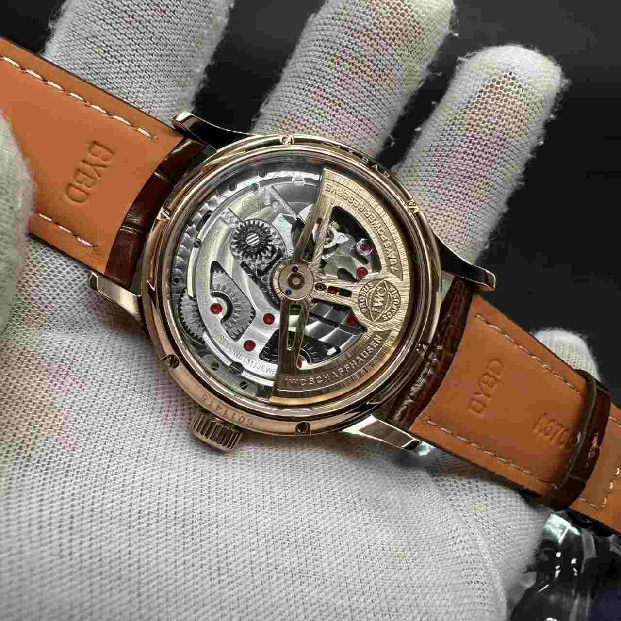 IWC Portugieser Perpetul Calendar Rose gold case 41mm white dial all works super clone automatic brown leather strap.