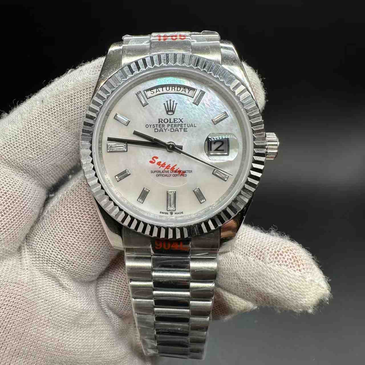 Daydate GD factory Miyota automatic AAA+ steel case 40mm white pearl baguette dial President band. 136$