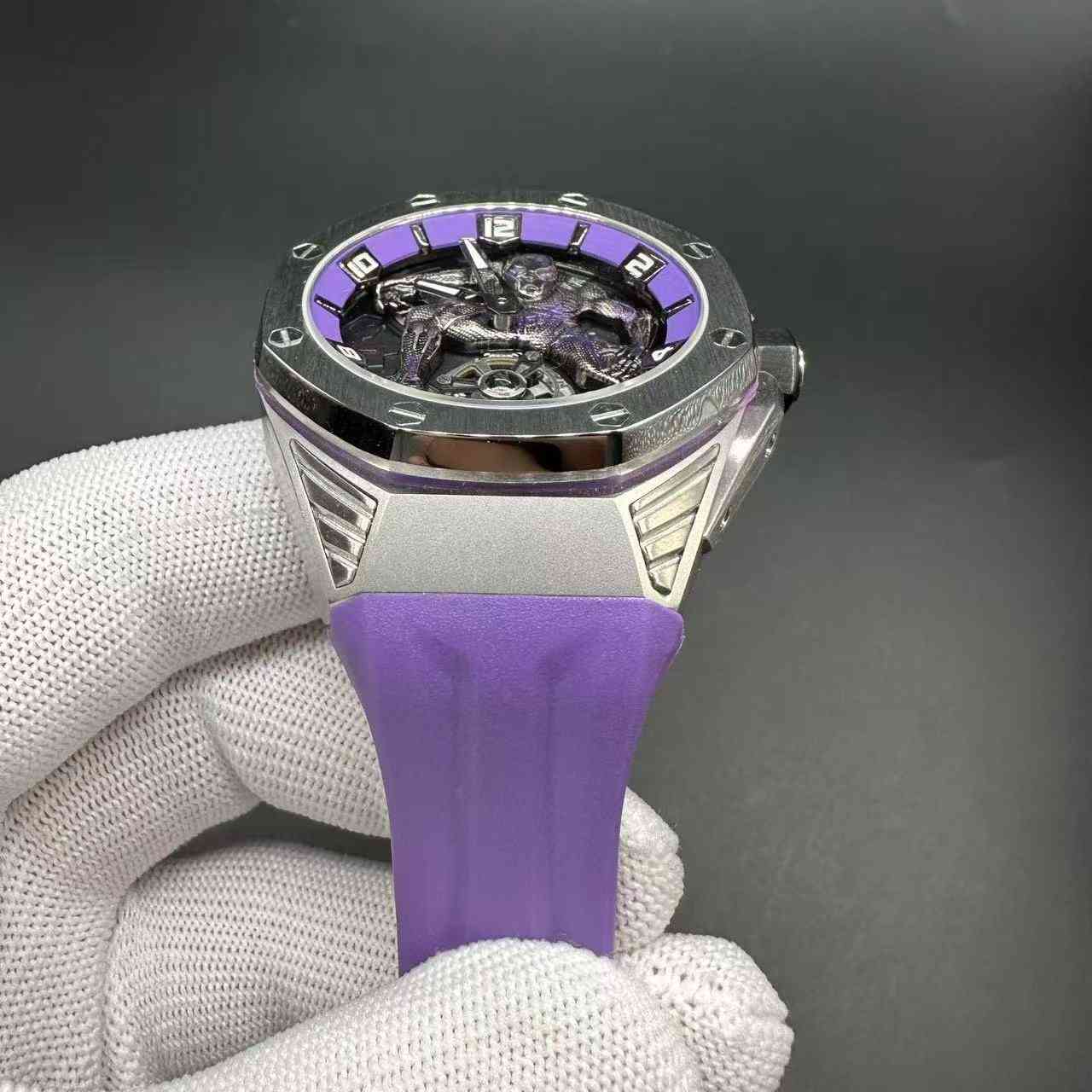 AP Royal Oak Concept 26620 Marvel Limited edition TW factory Fake Tourbillon 8215 automatic Steel case 42mm Panther dial purple rubber strap.  368usd