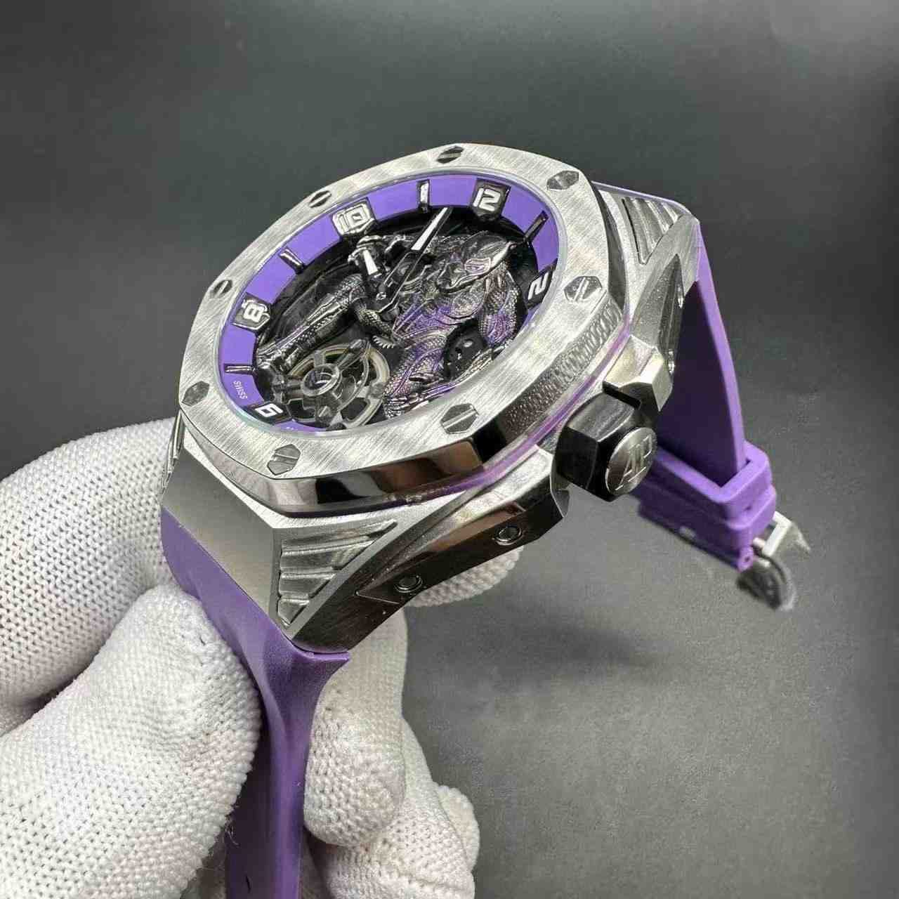 AP Royal Oak Concept 26620 Marvel Limited edition TW factory Fake Tourbillon 8215 automatic Steel case 42mm Panther dial purple rubber strap.  368usd